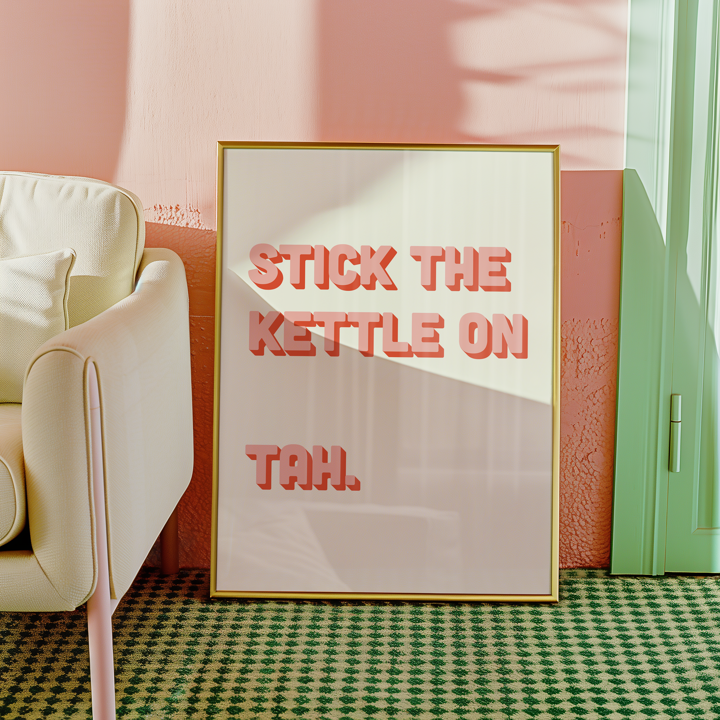 Funny quote print poster that says "Stick the Kettle On Tah" in two tone retro pink font. British humour poster