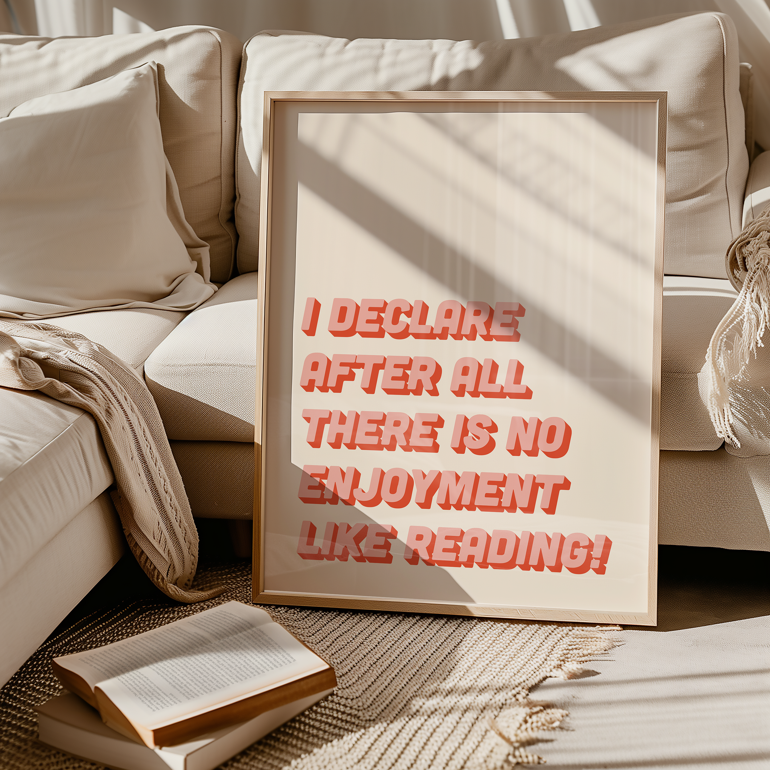 Bold Dopamine decor print poster jane eyre quote “I declare after all there is no enjoyment like reading.” in two tone retro font pink and red