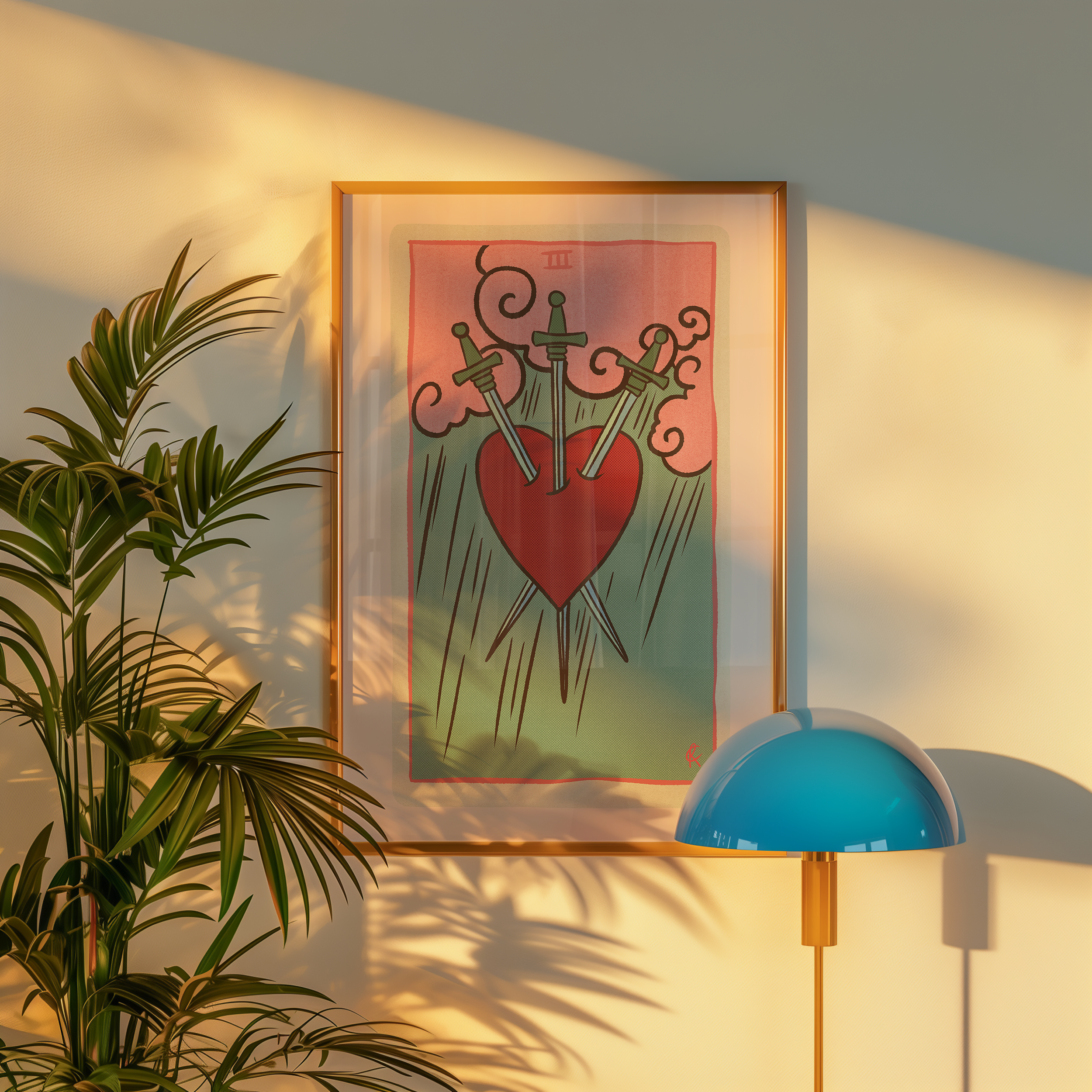 Three of Swords tarot card print, feminine pink witchy spiritual decor poster print.