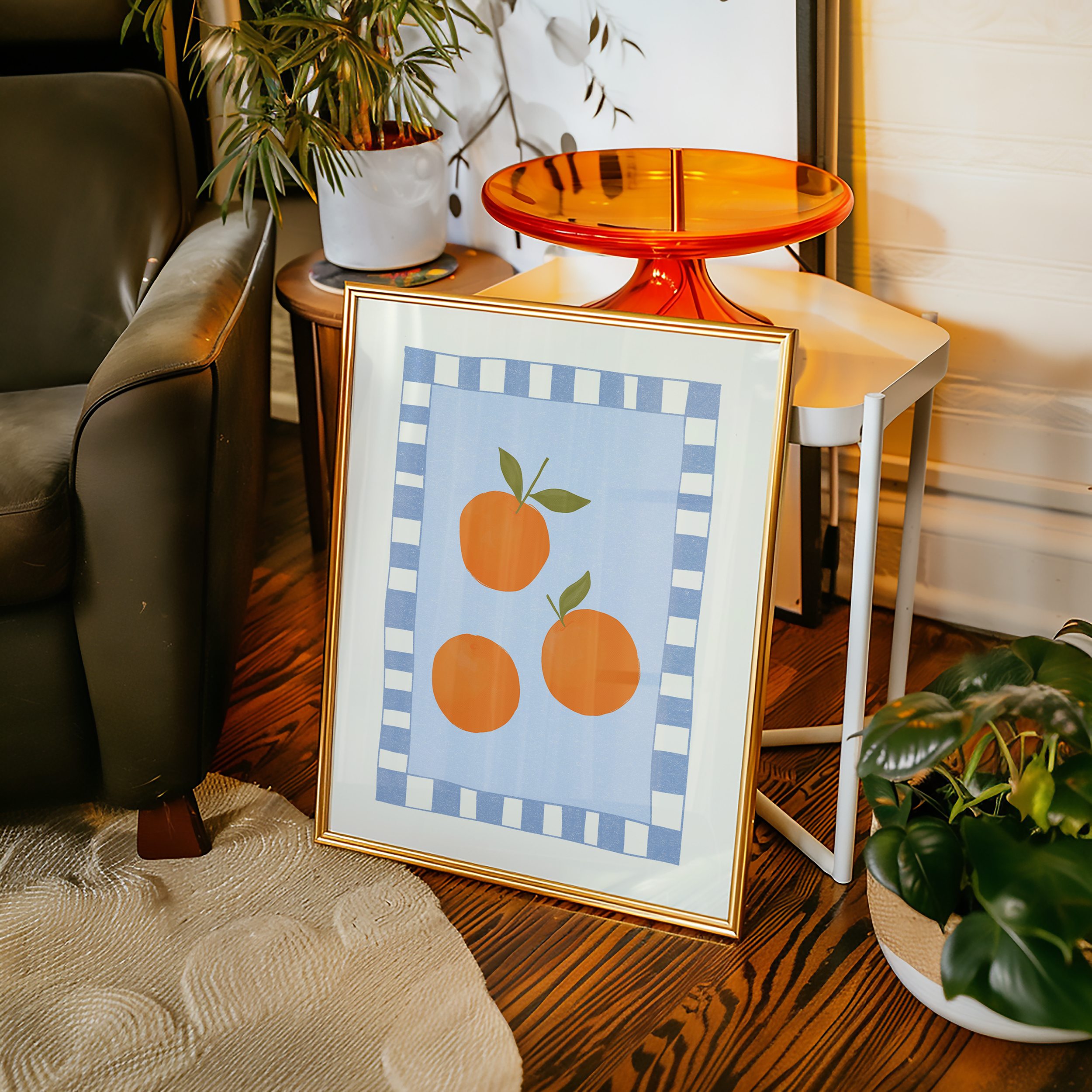 Bold dopamine decor print poster of oranges. kitchen poster. Orange and blue. Mediterranean fee