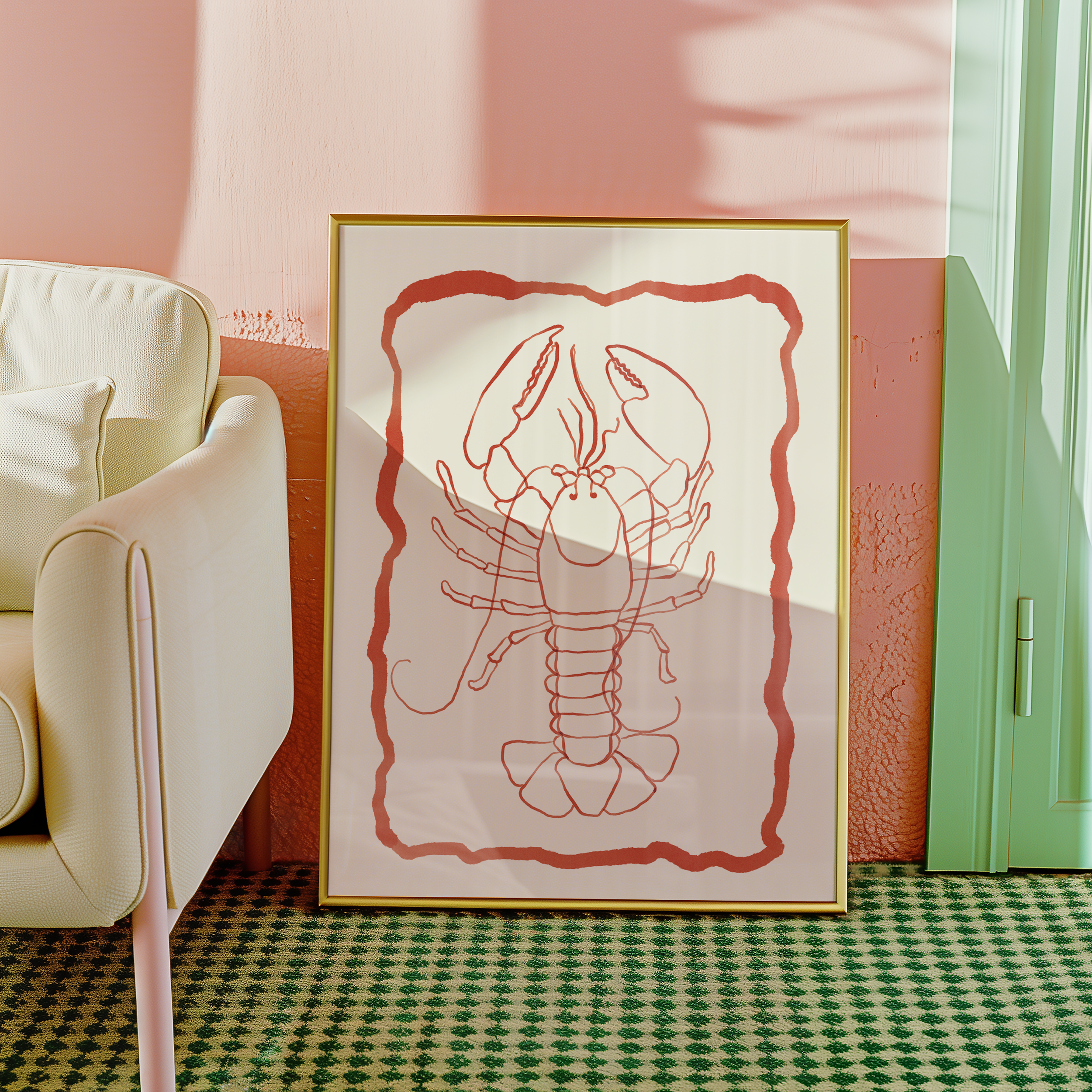 Bold dopamine decor print poster of a lobster in watercolour style. kitchen poster. Red and cream. ocean sea life poster