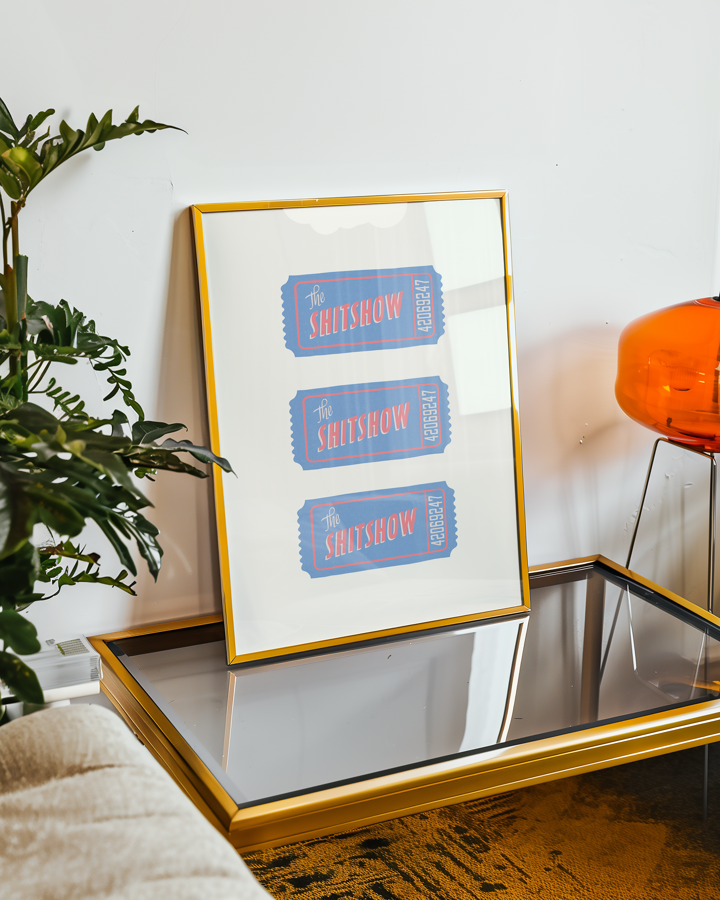 Bold dopamine decor print poster illustration of three vintage style tickets for the "Shitshow" in blue and pink. Vintage retro style poster print. Funny print poster.