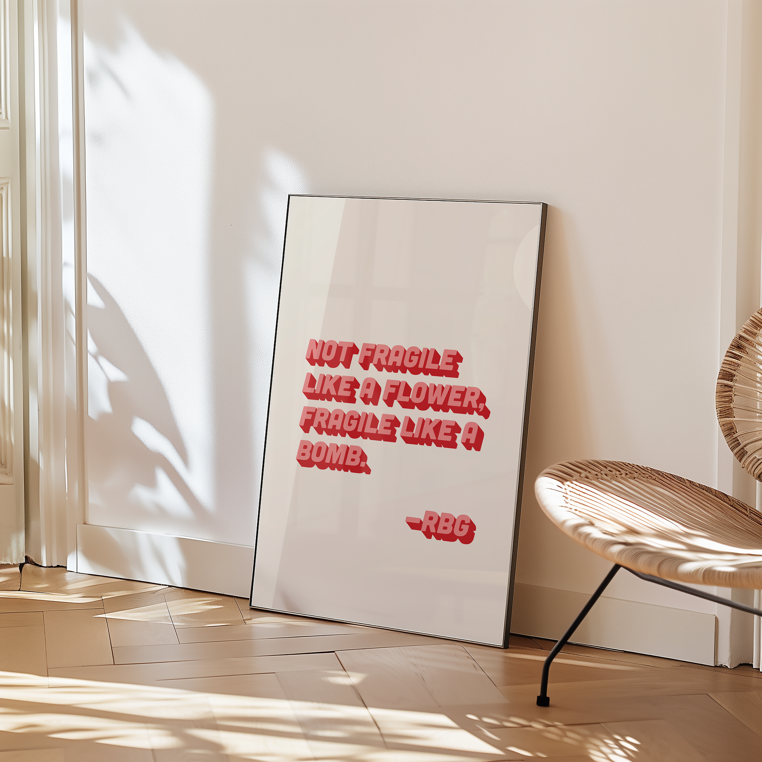 bold dopamine decor ruth bader ginsburg quote print poster "Not Fragile Like a Flower, Fragile Like a Bomb." Feminist print poster. Retro two tone font in pink and red
