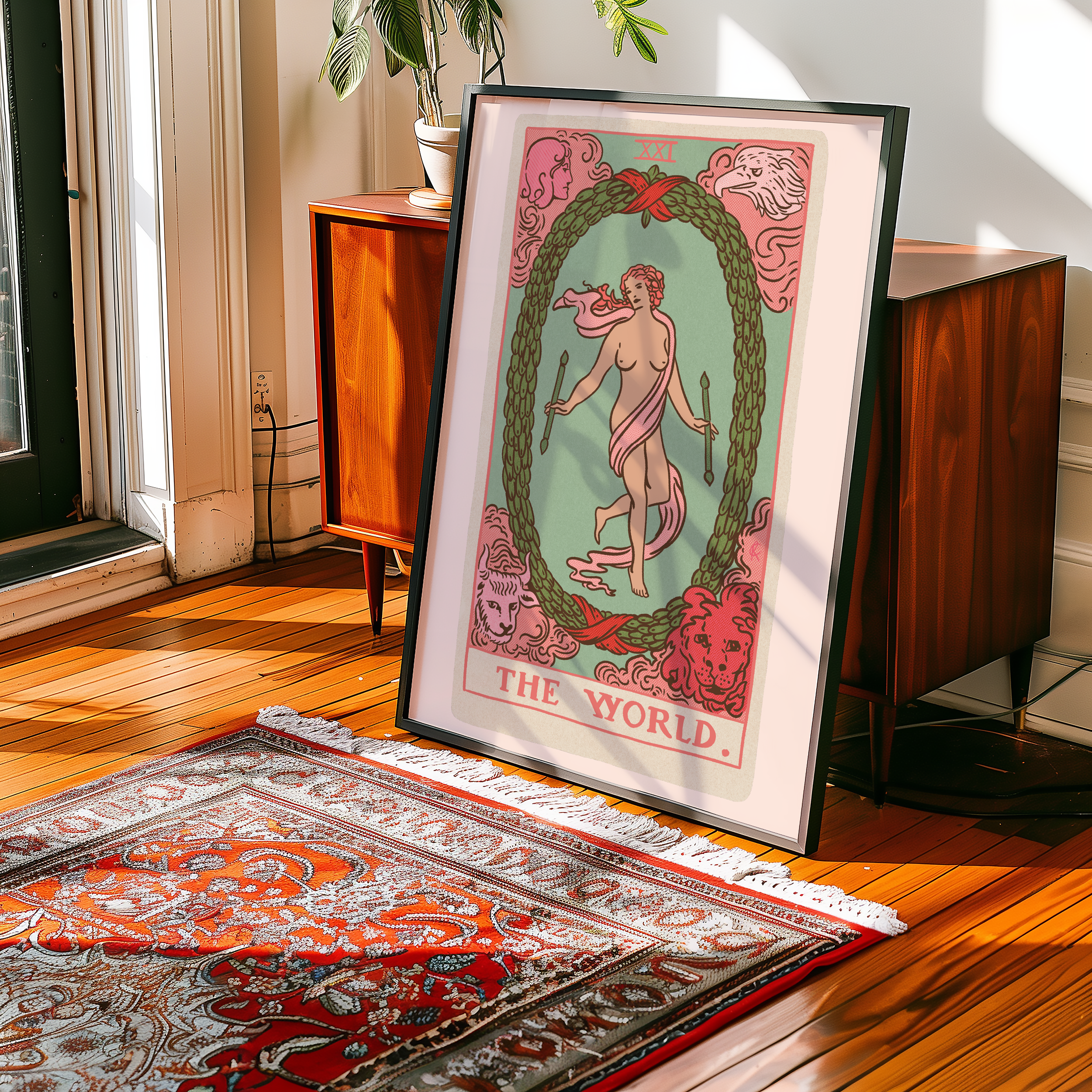 The World tarot card print, feminine pink witchy spiritual decor poster print.