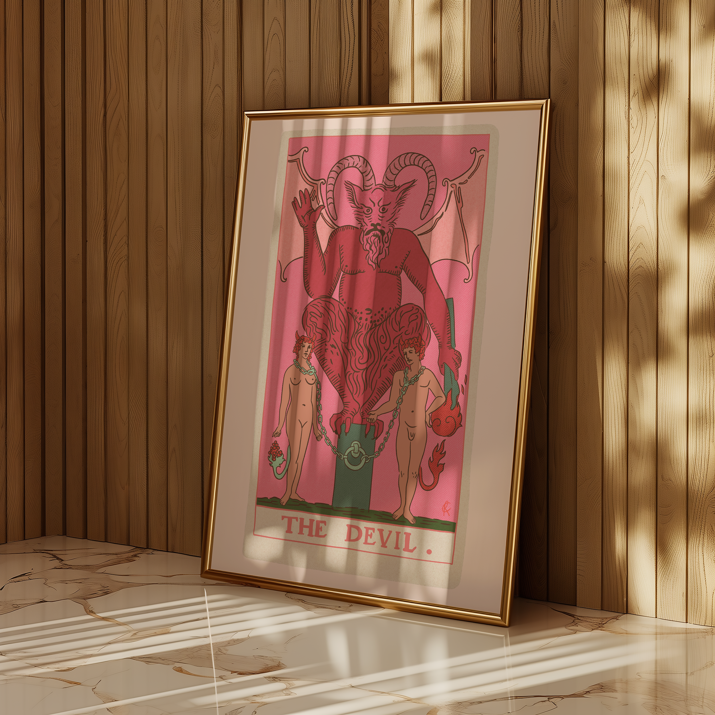 The Devil tarot card print, feminine pink witchy spiritual decor poster print.
