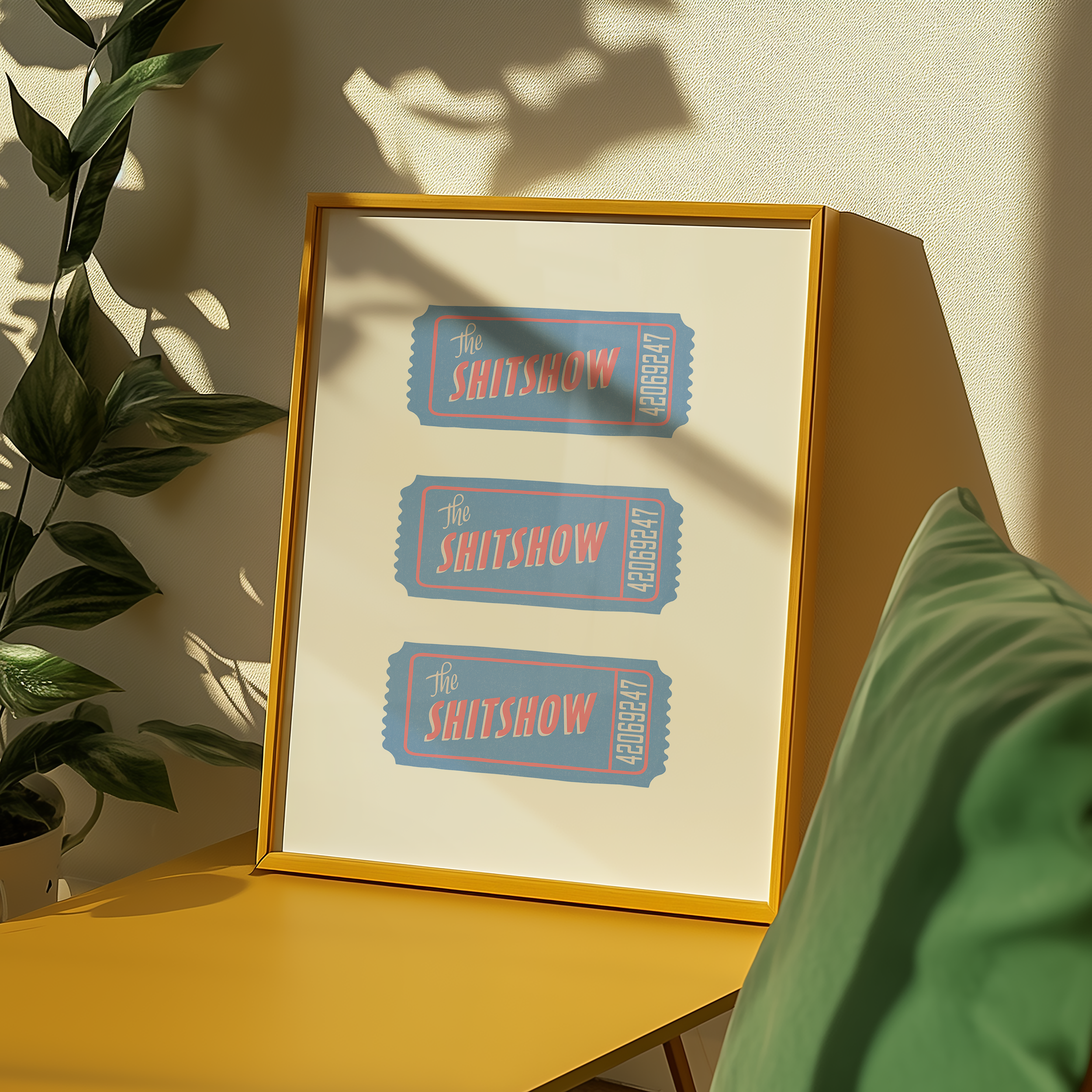 Bold dopamine decor print poster illustration of three vintage style tickets for the "Shitshow" in blue and pink. Vintage retro style poster print. Funny print poster.