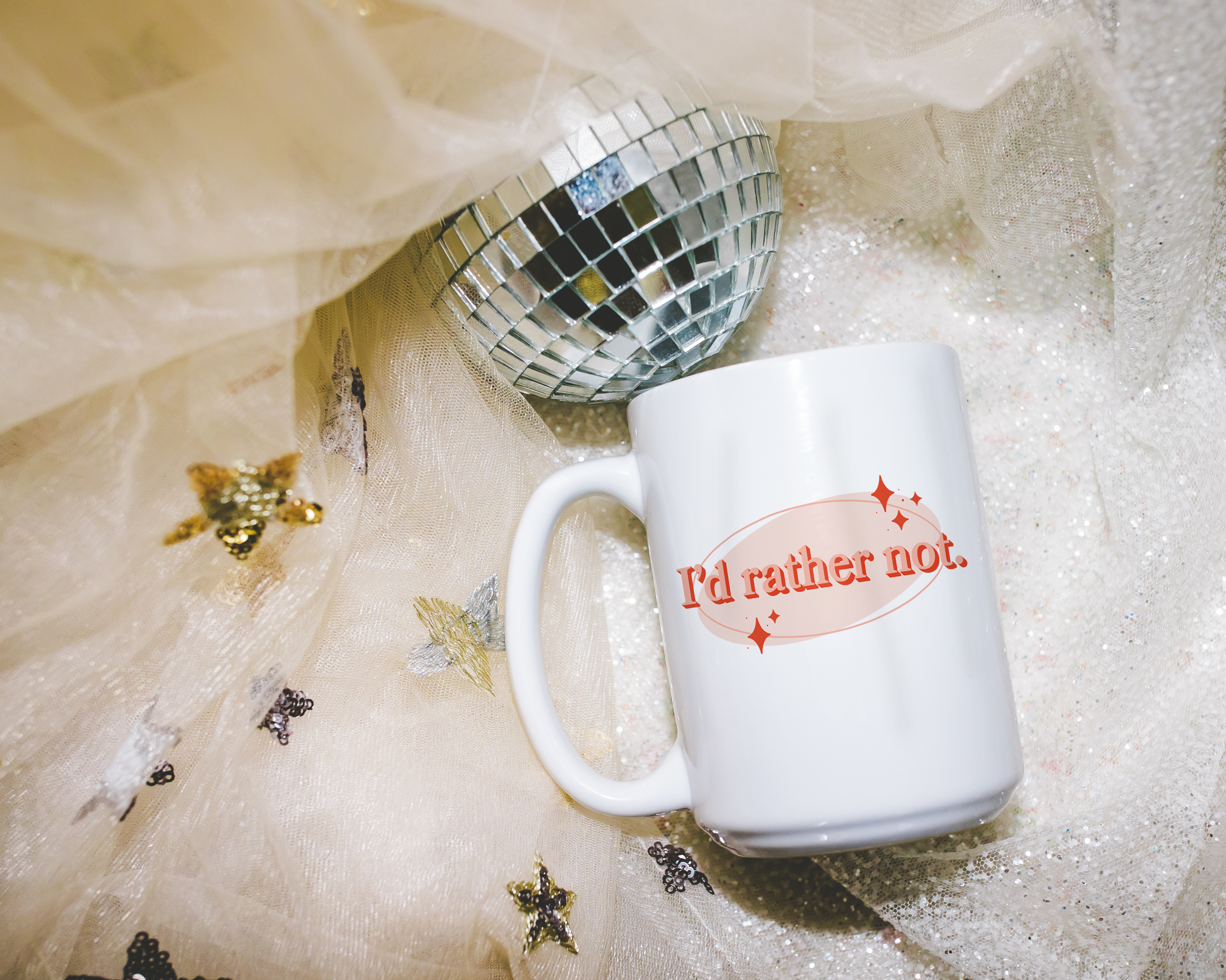 Sassy dopamine decor White coffee mug that says "i'd rather not" in a retro vintage style pink orange font. Available in 11oz and 15oz