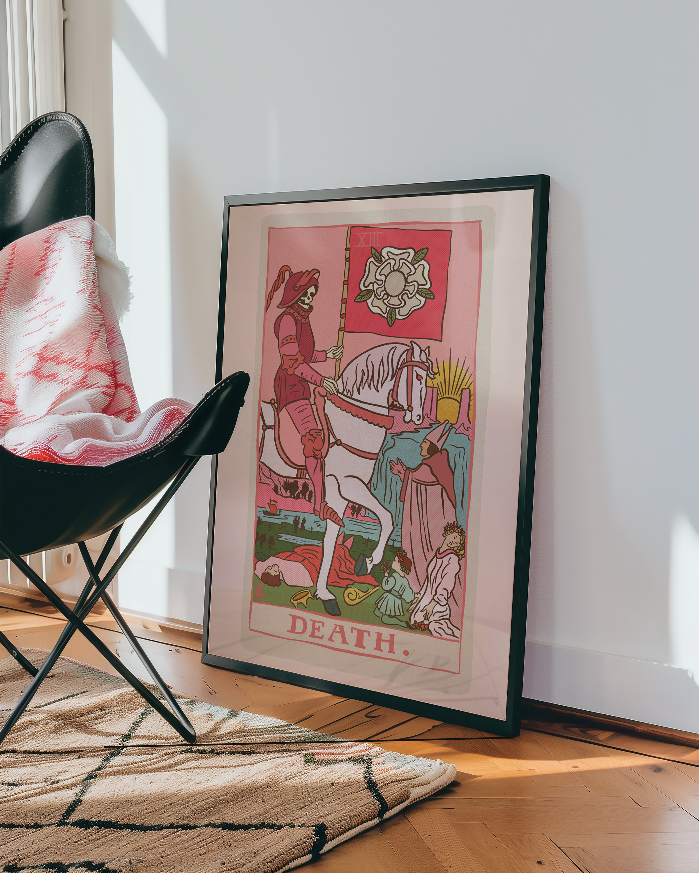 Death tarot card print, feminine pink witchy spiritual decor poster print.