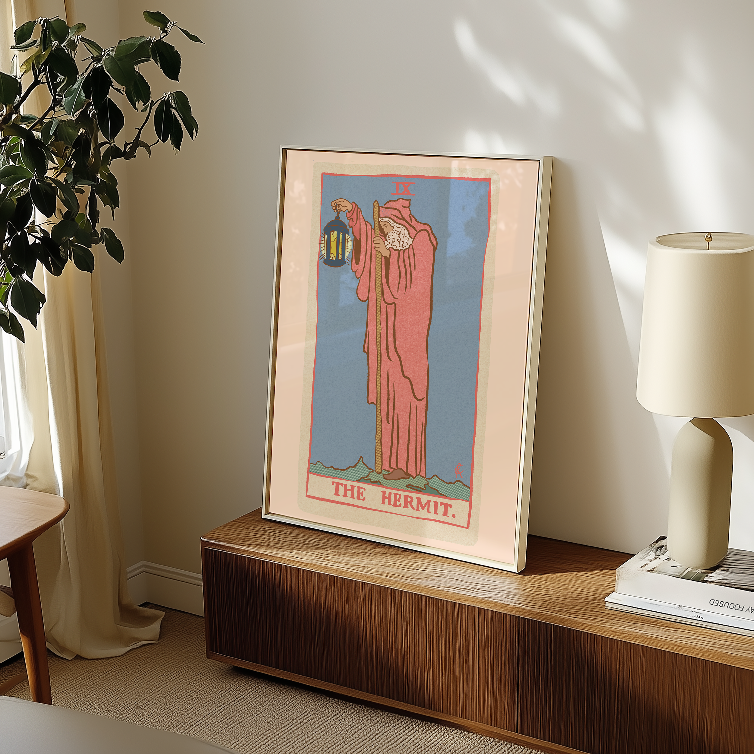 The Hermit tarot card print, feminine pink witchy spiritual decor poster print.