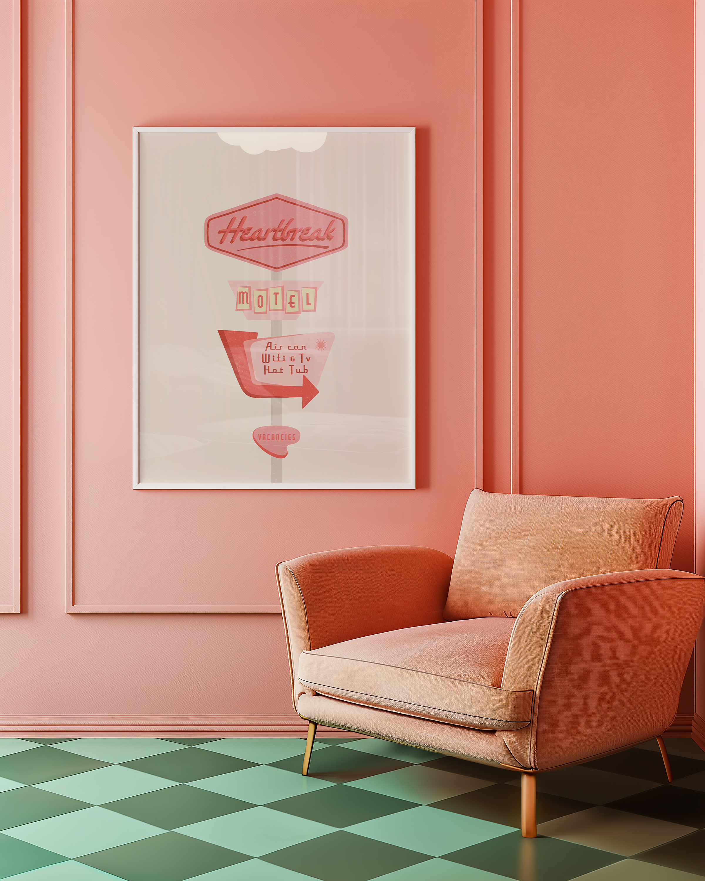 Bold dopamine decor print poster illustration of a retro motel sign in various pink tones that says "heart break motel". Feminine decor style. retro feel.