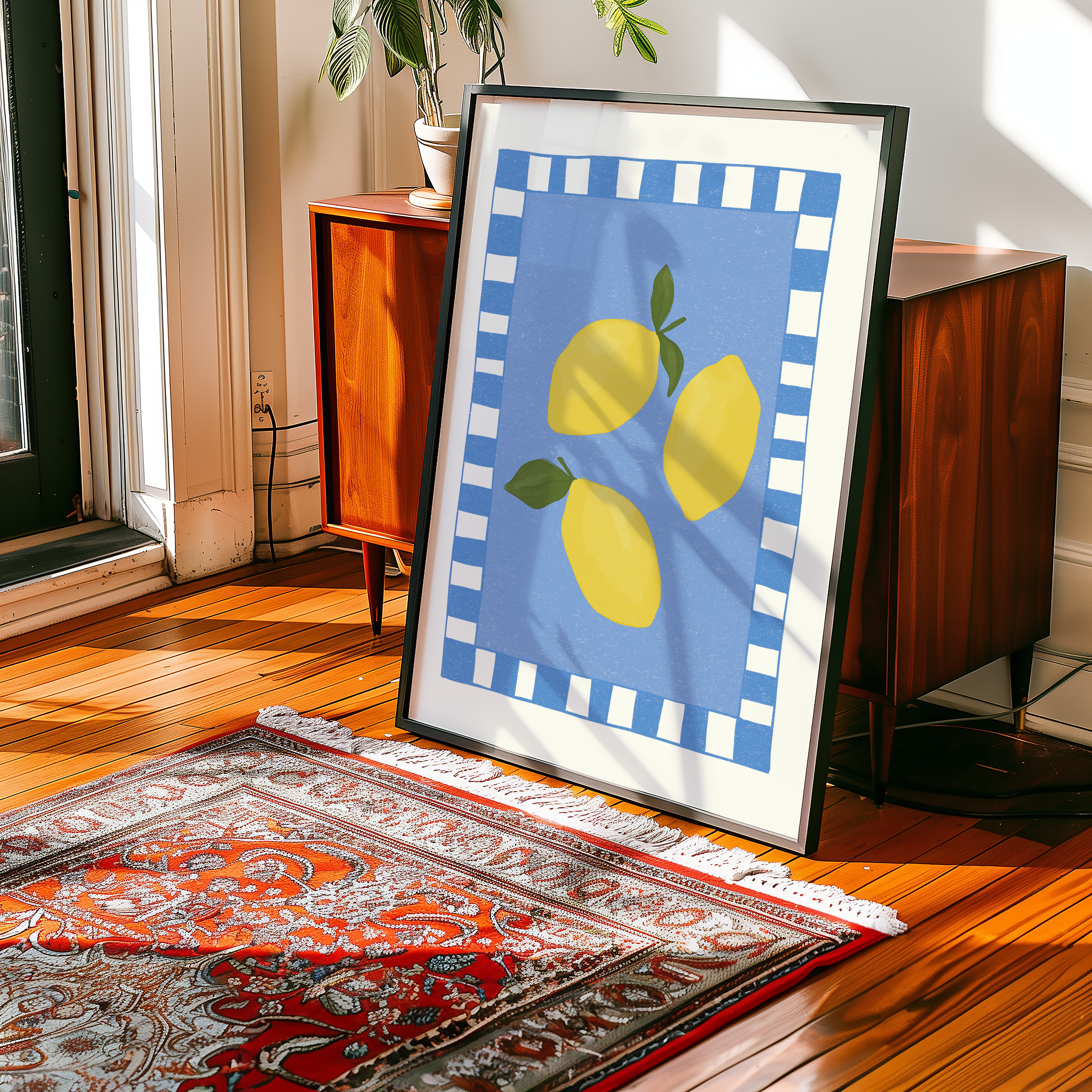 Bold dopamine decor print poster of lemons. kitchen poster. Yellow and blue. Mediterranean fee