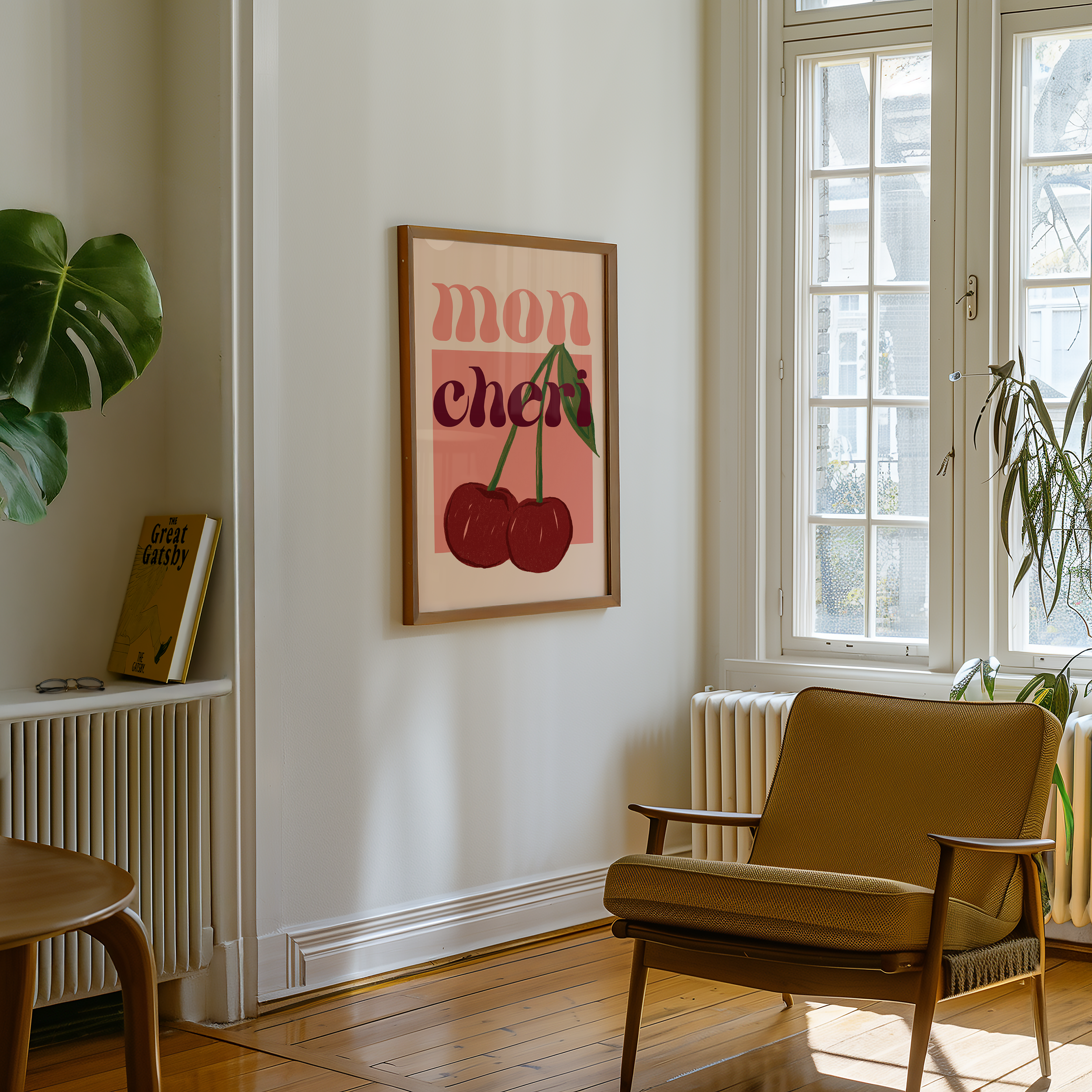 Bold dopamine decor print poster illustration of cherries that says "mon cheri". Feminine decor style. retro feel.