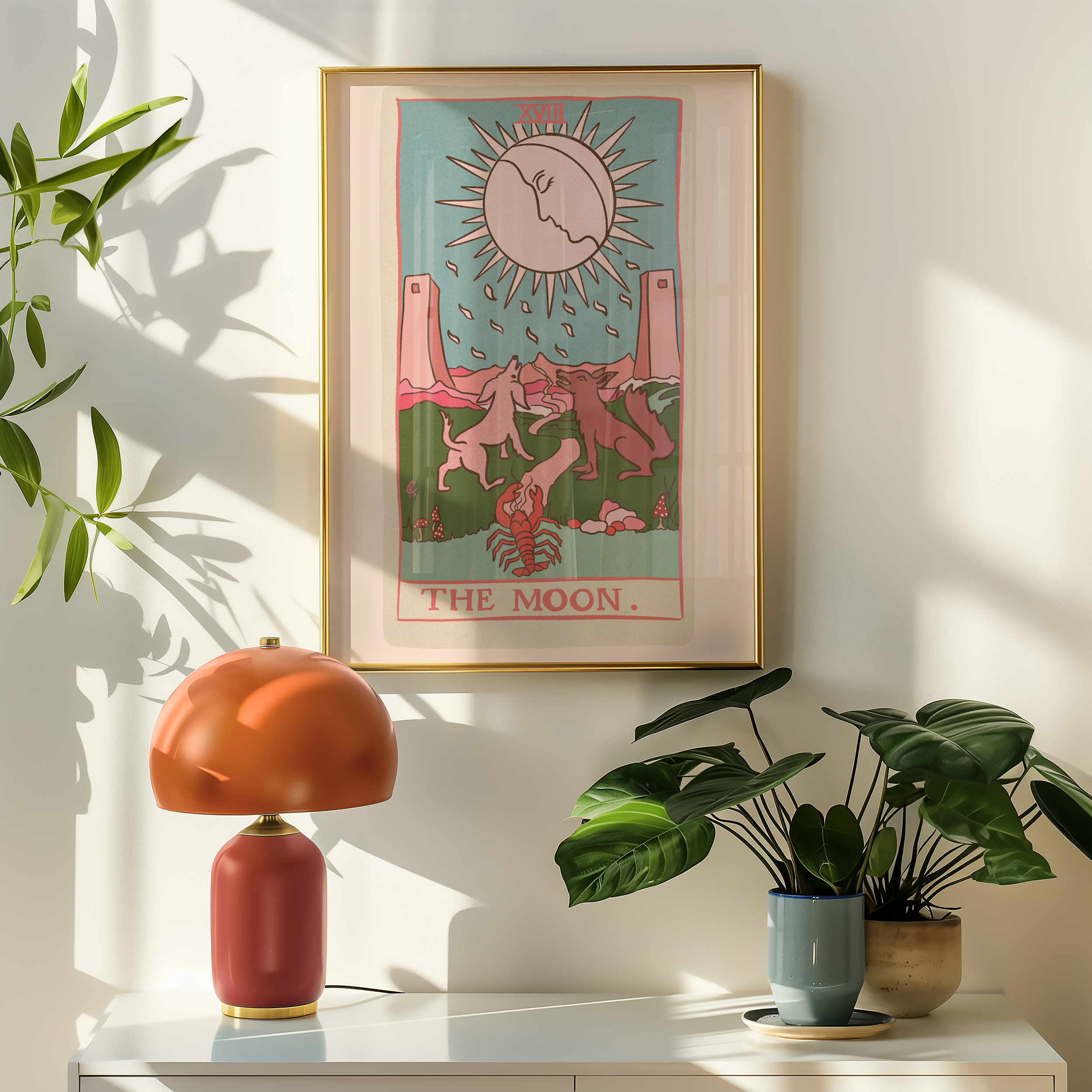 The Moon tarot card print, feminine pink witchy spiritual decor poster print.