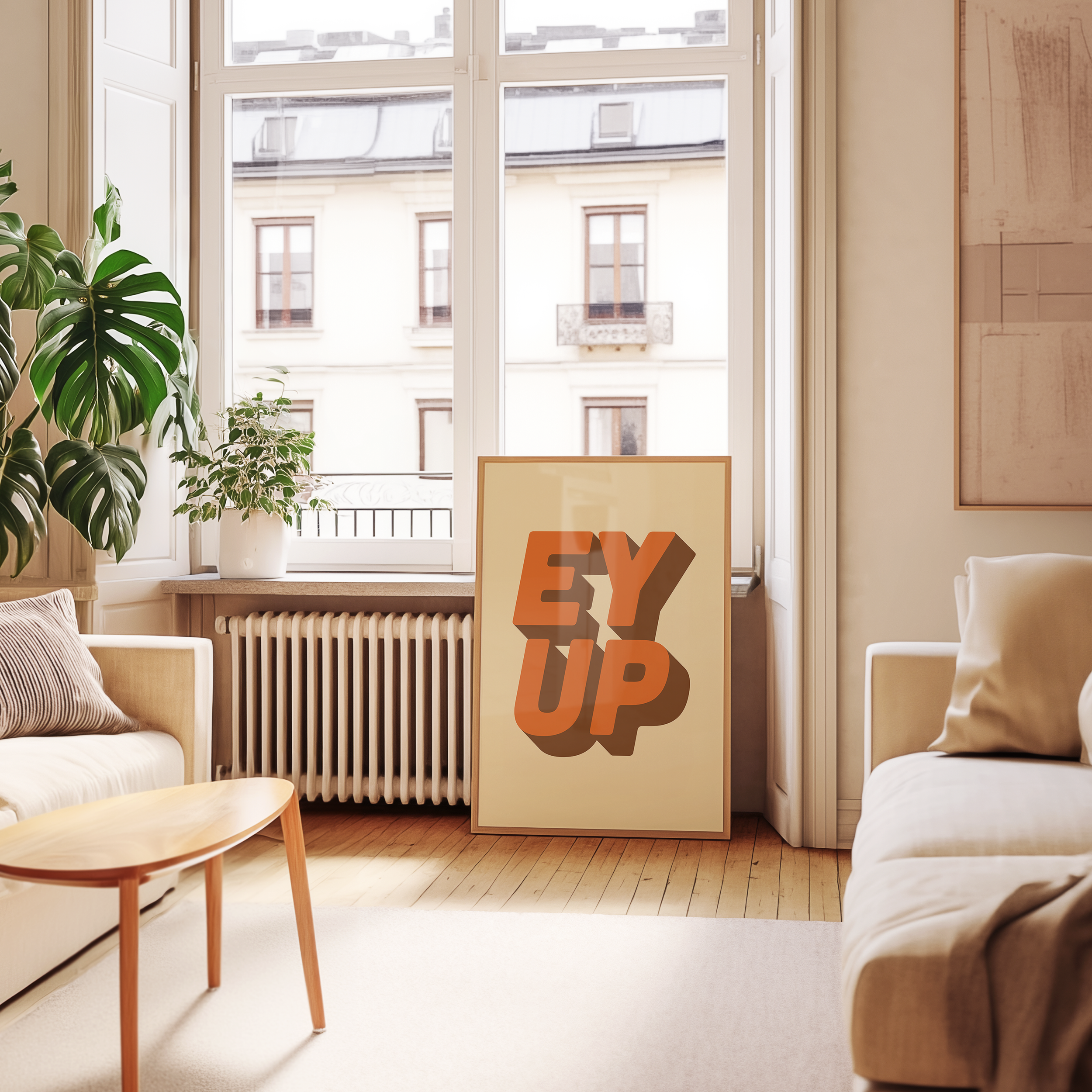 Bold quote print poster decor "Ey up". British quote. Yorkshire quote. Dopamine decor. Retro two tone font Orange and brown