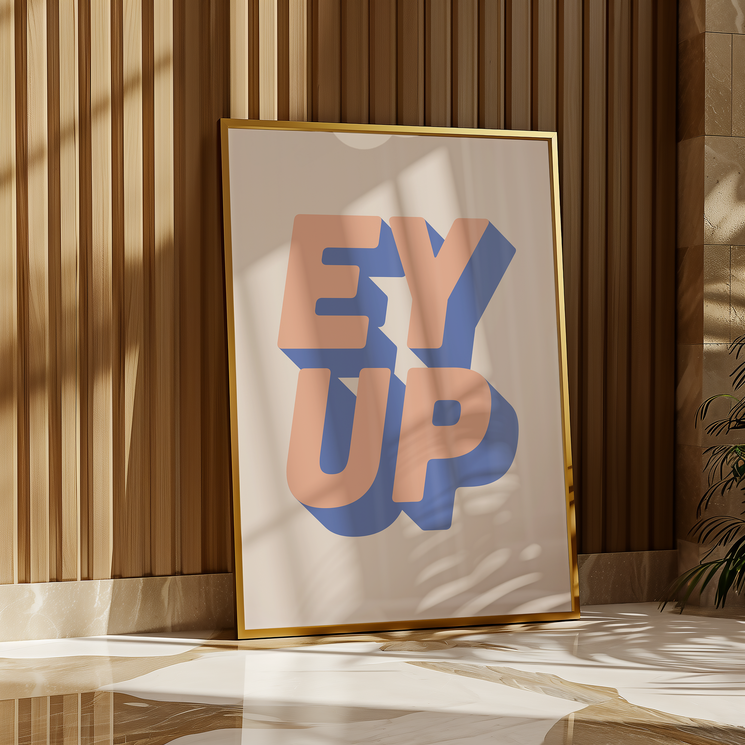Bold quote print poster decor "Ey up". British quote. Yorkshire quote. Dopamine decor. Retro two tone font pink and blue