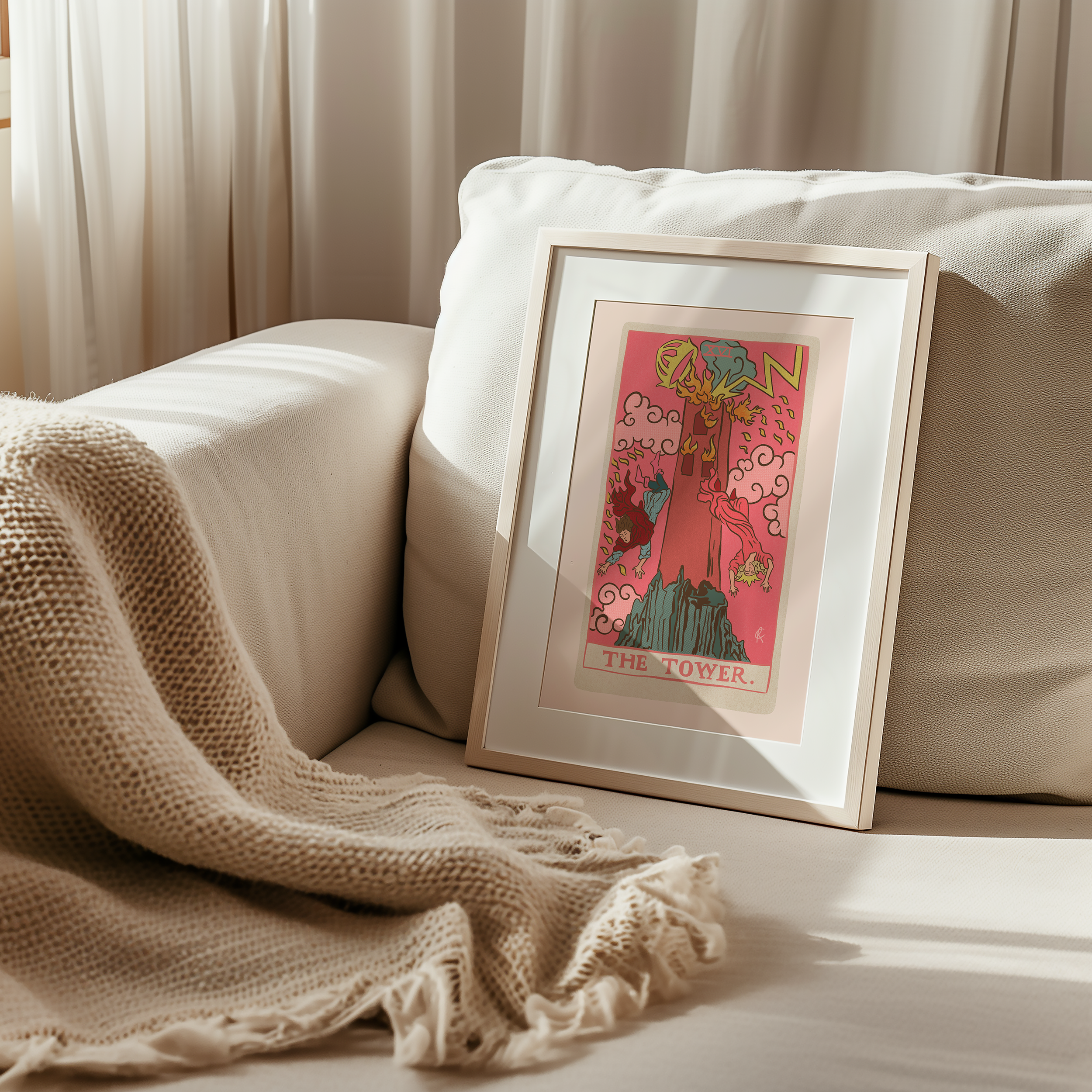 The Tower tarot card print, feminine pink witchy spiritual decor poster print.