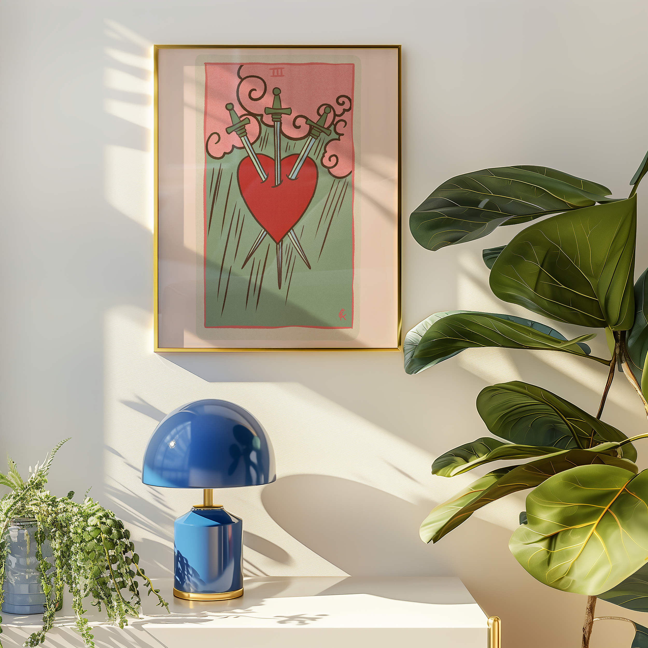 Three of Swords tarot card print, feminine pink witchy spiritual decor poster print.