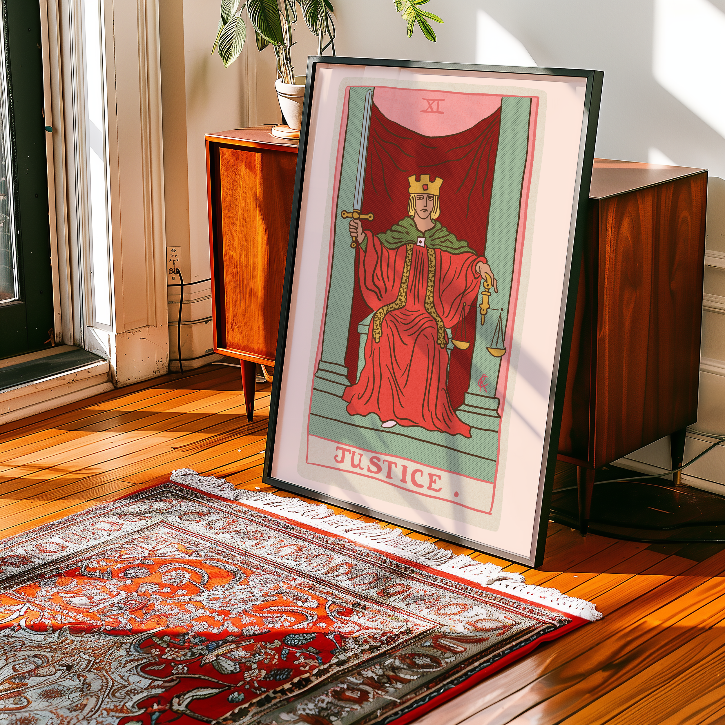 Justice tarot card print, feminine pink witchy spiritual decor poster print.