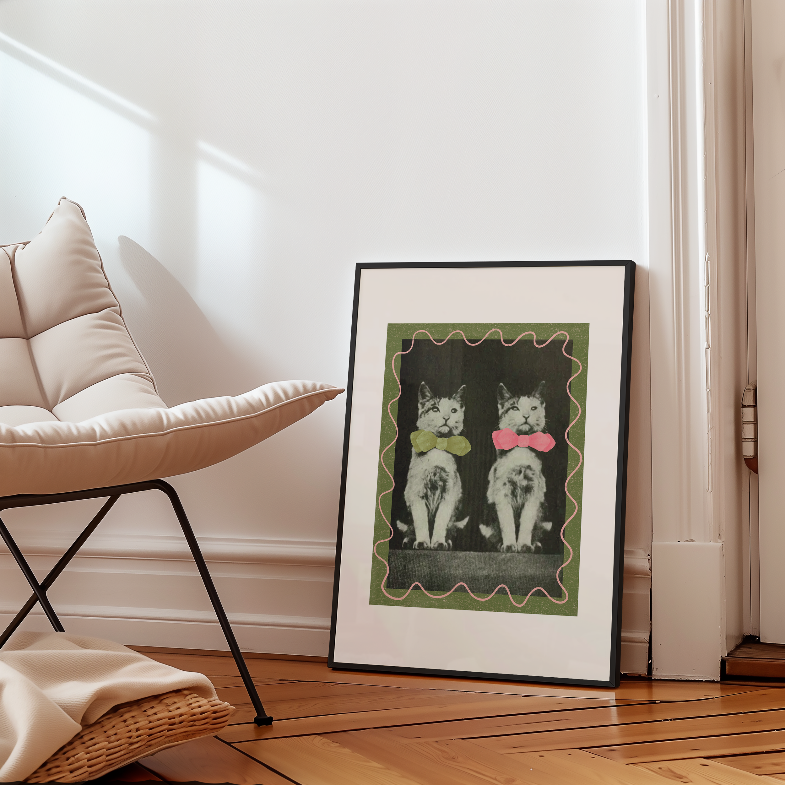 Dopamine decor poster print. Victorian photography of two kittens in bow ties, enhances with modern colour elements of pink and green