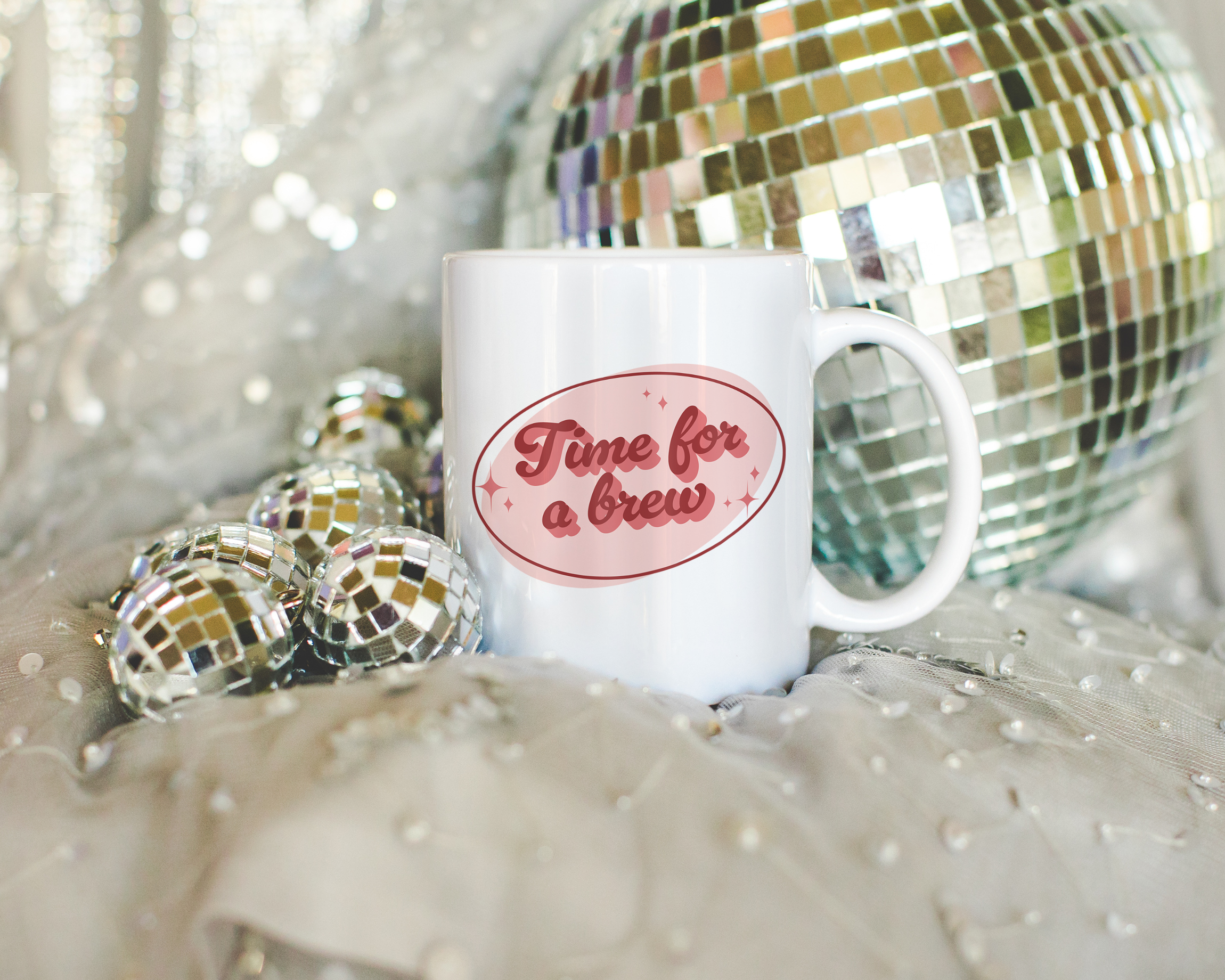 White coffee mug that says "time for a brew" in a retro vintage font that's pink. Available in 11oz and 15oz