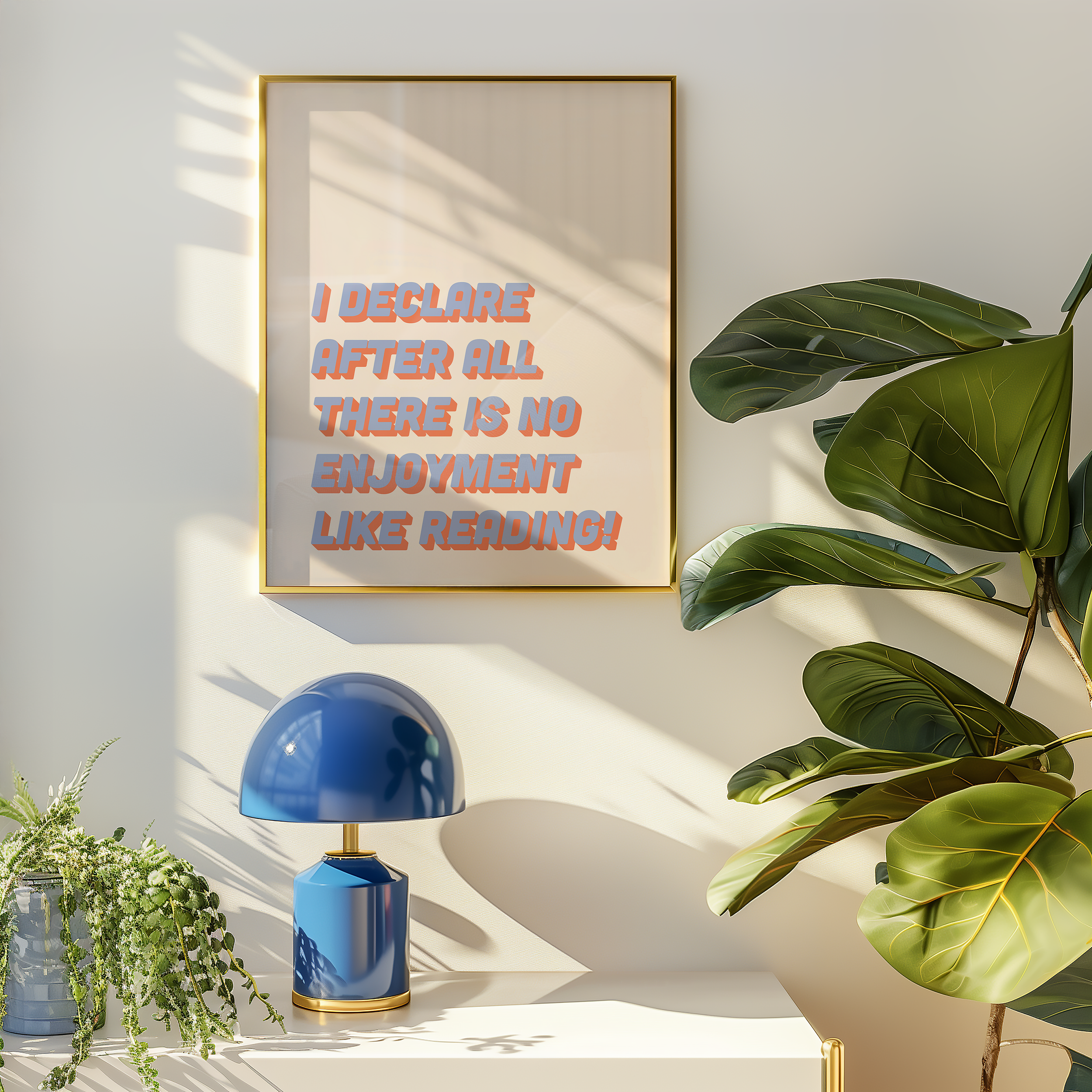 Bold Dopamine decor print poster jane eyre quote “I declare after all there is no enjoyment like reading.” in two tone retro font blue and red