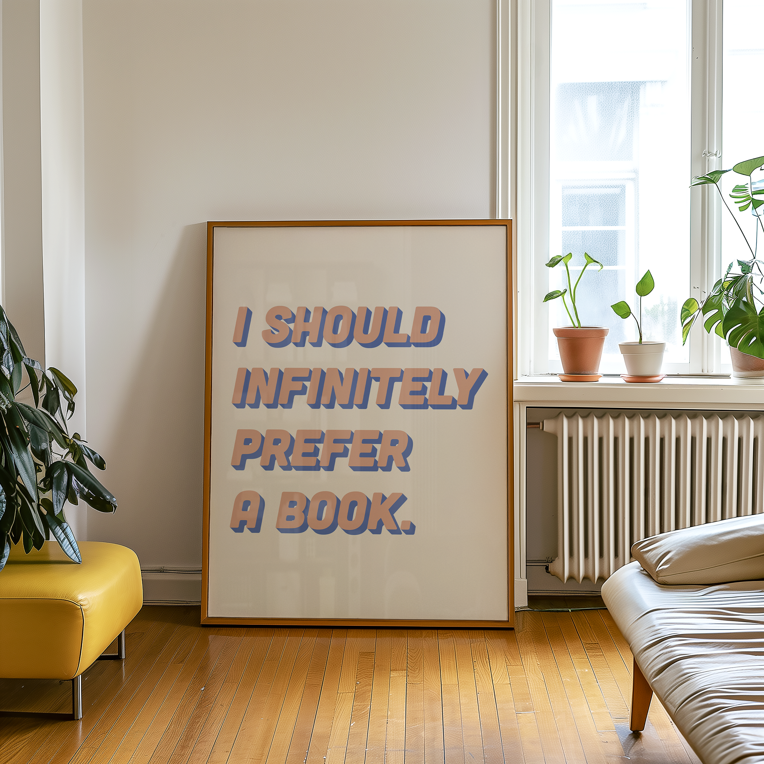 Bold dopamine decor quote print poster, “I should infinitely prefer a book.” Jane Eyre quote. retro two tone font pink and blue