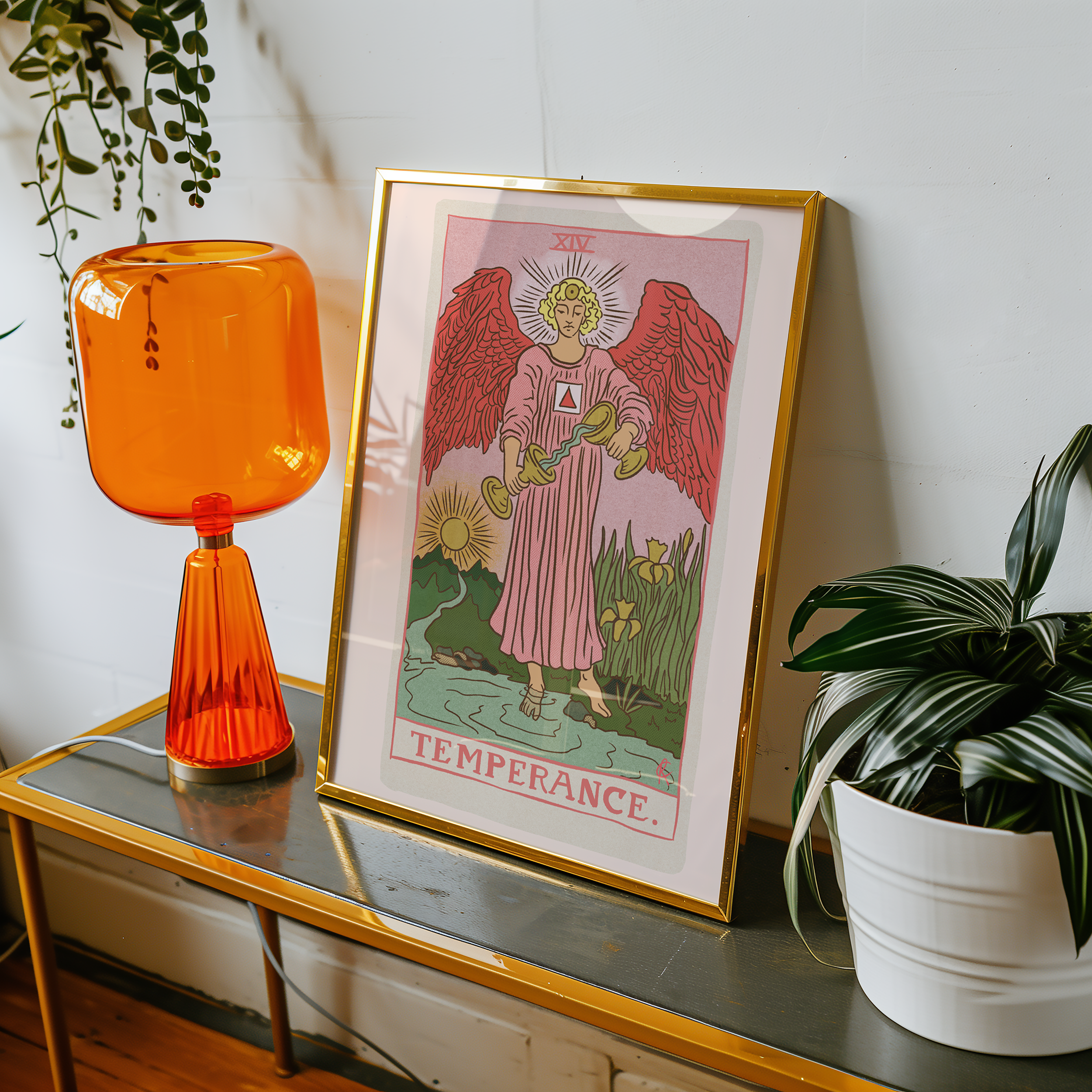 Temperance tarot card print, feminine pink witchy spiritual decor poster print.