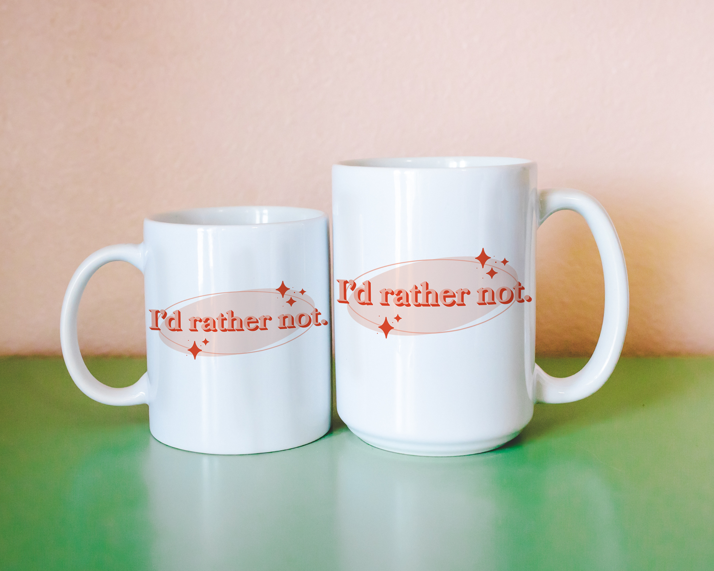 Sassy dopamine decor White coffee mug that says "i'd rather not" in a retro vintage style pink orange font. Available in 11oz and 15oz
