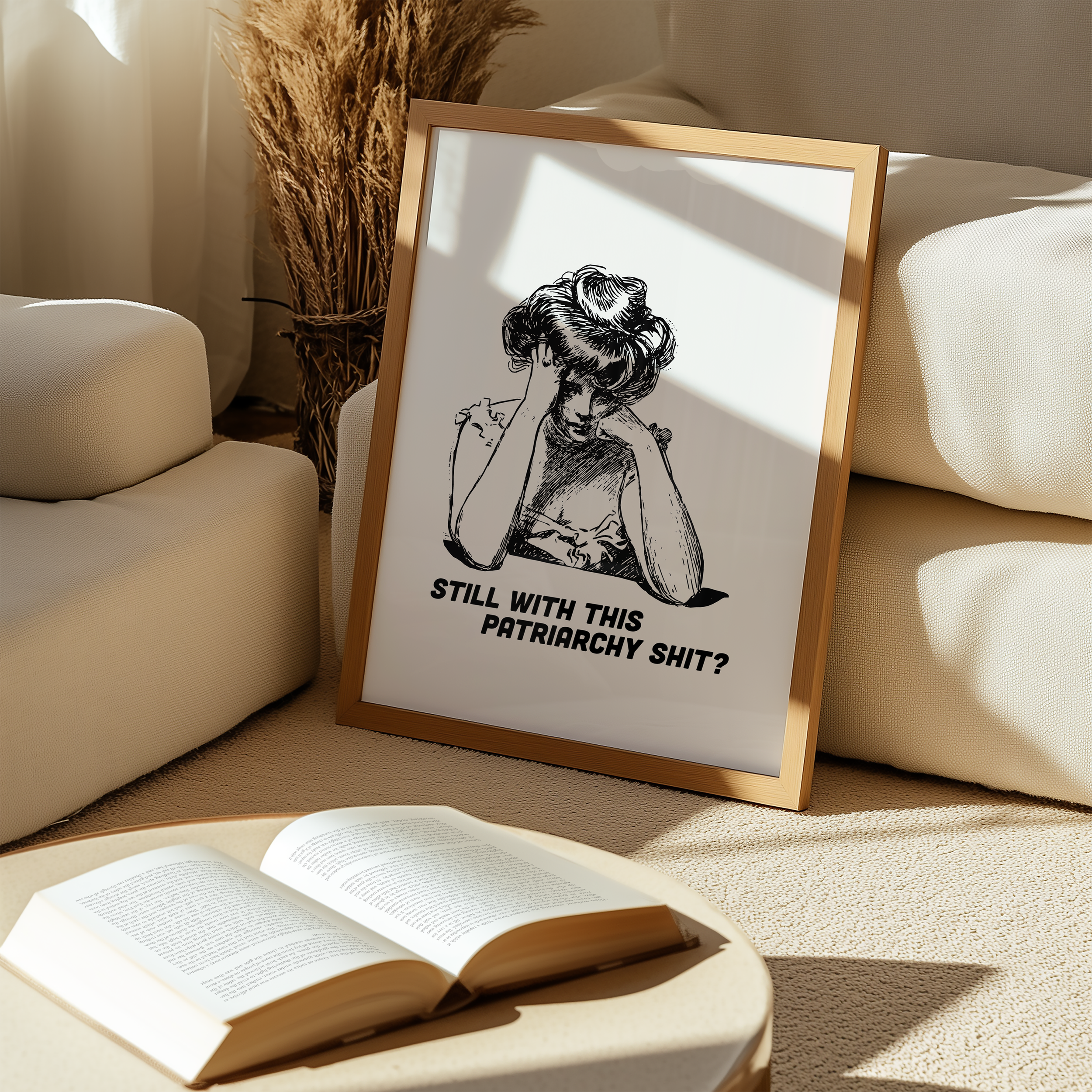 Black and White print of a bored looking Edwardian woman that says "Still with this Patriarchy shit?" Funny feminist print. Witty sassy dopamine decor poster.
