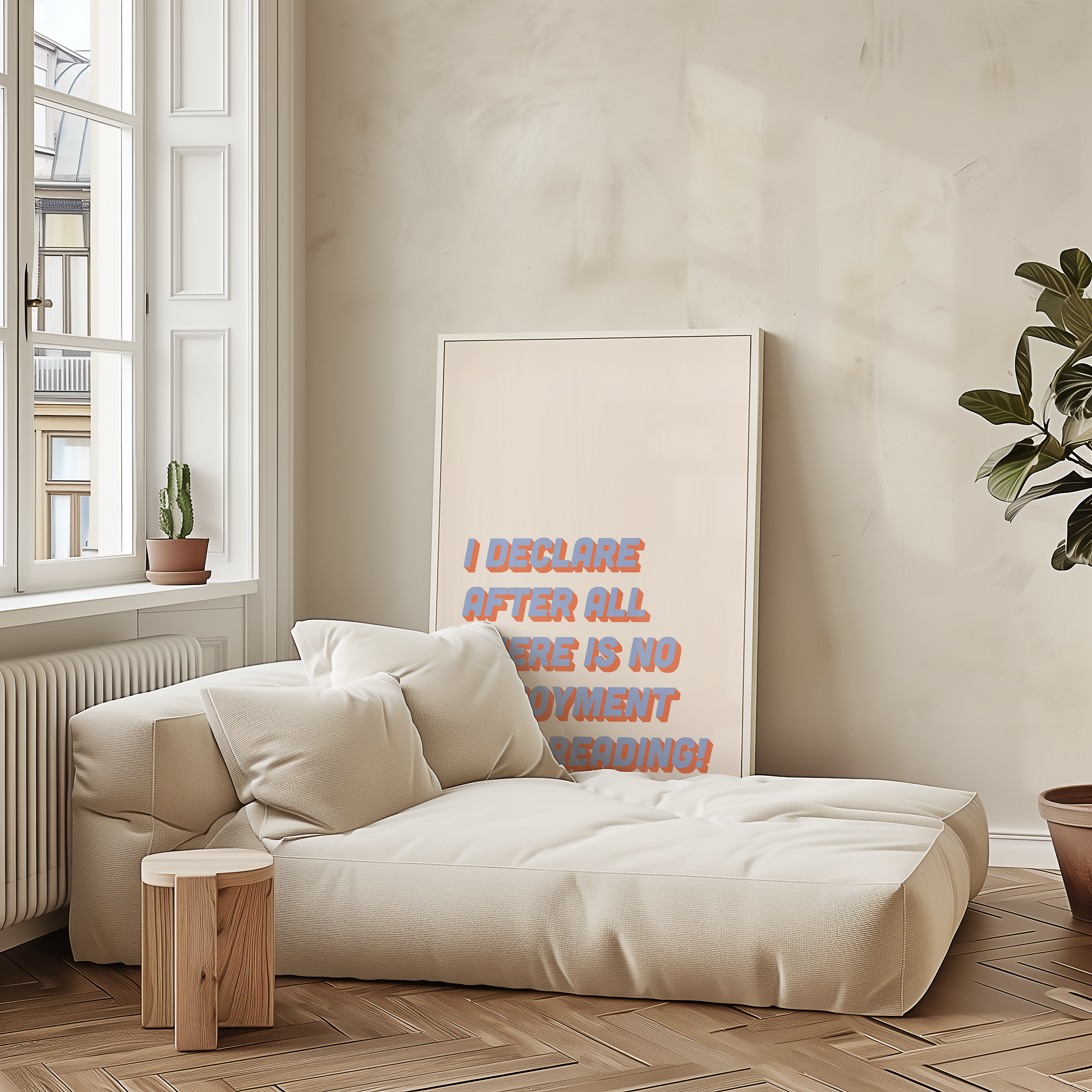 Bold Dopamine decor print poster jane eyre quote “I declare after all there is no enjoyment like reading.” in two tone retro font blue and red