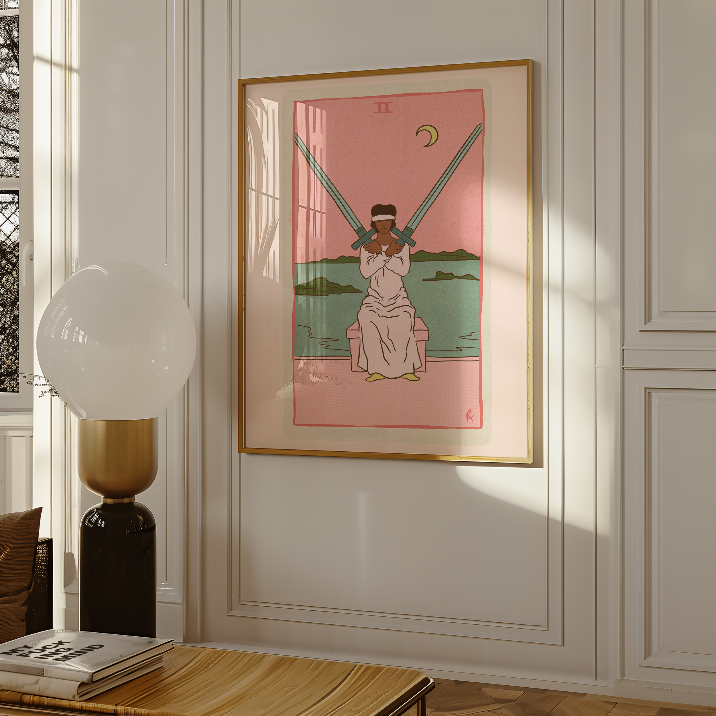 Two of Swords tarot card print, feminine pink witchy spiritual decor poster print.