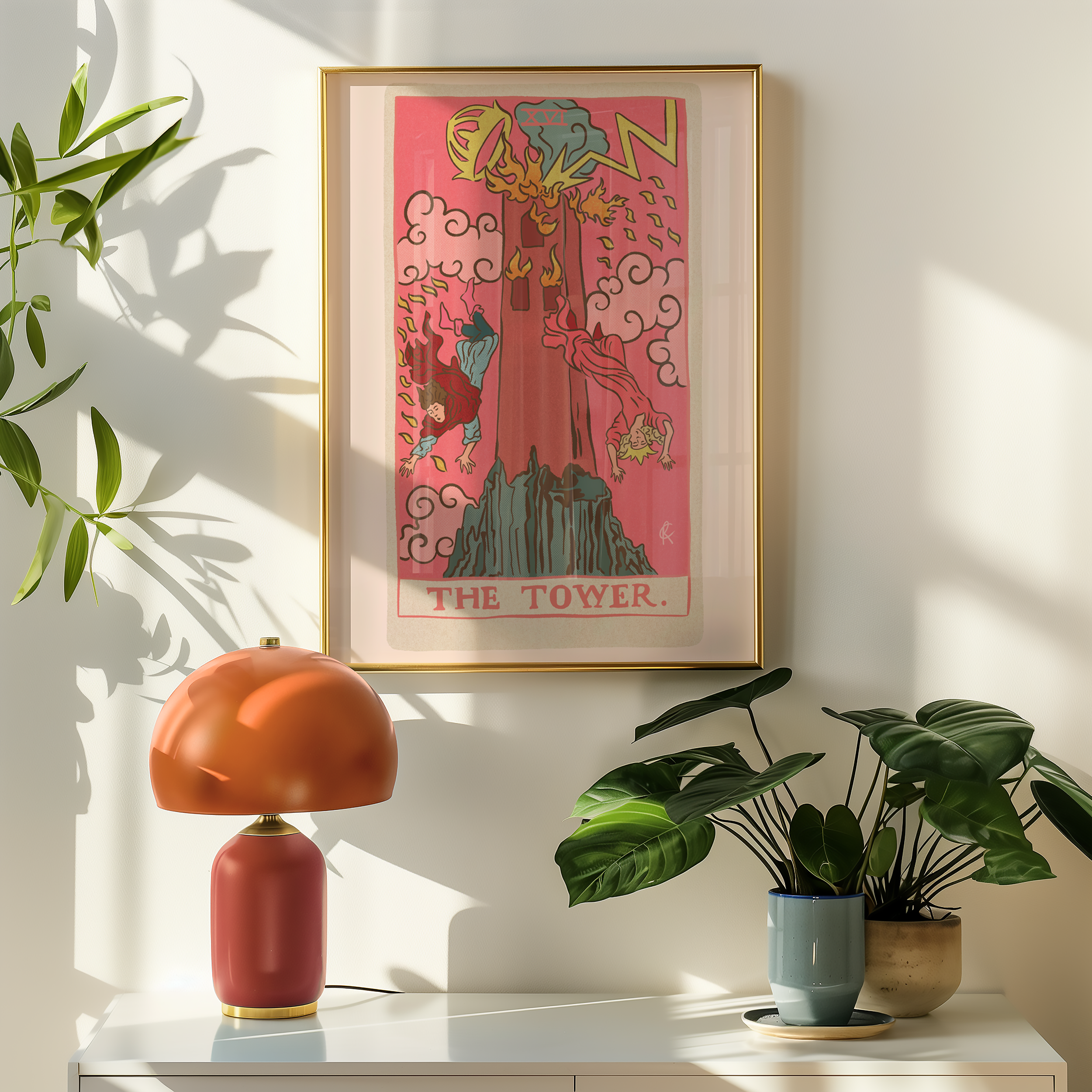The Tower tarot card print, feminine pink witchy spiritual decor poster print.