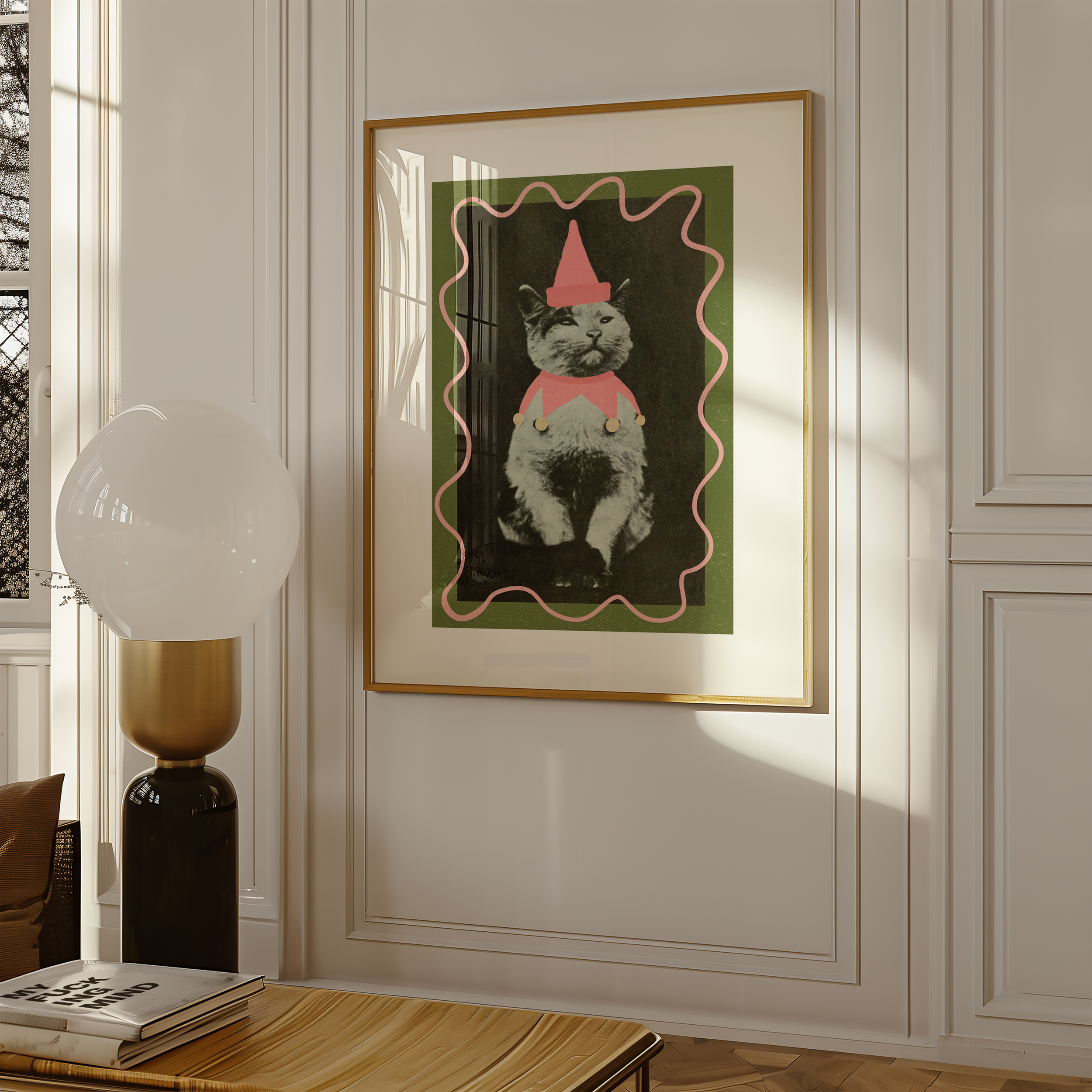Dopamine decor poster print. Victorian photography pf cat wearing a jester costume, enhances with modern colour elements of pink and green
