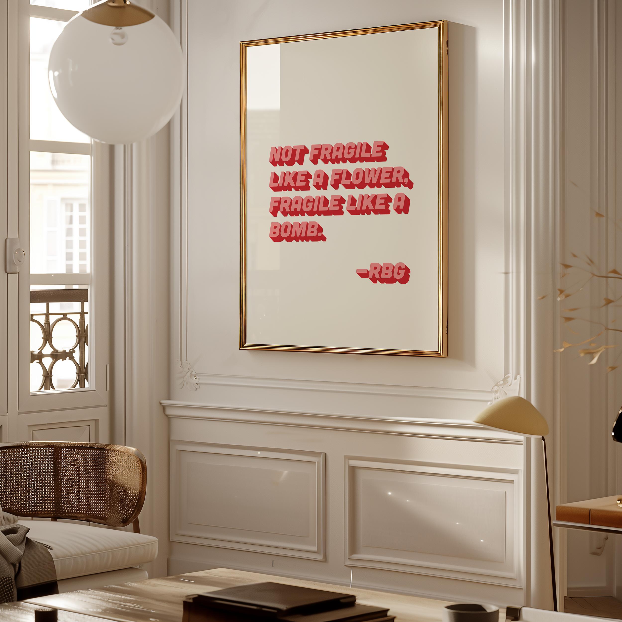 bold dopamine decor ruth bader ginsburg quote print poster "Not Fragile Like a Flower, Fragile Like a Bomb." Feminist print poster. Retro two tone font in pink and red