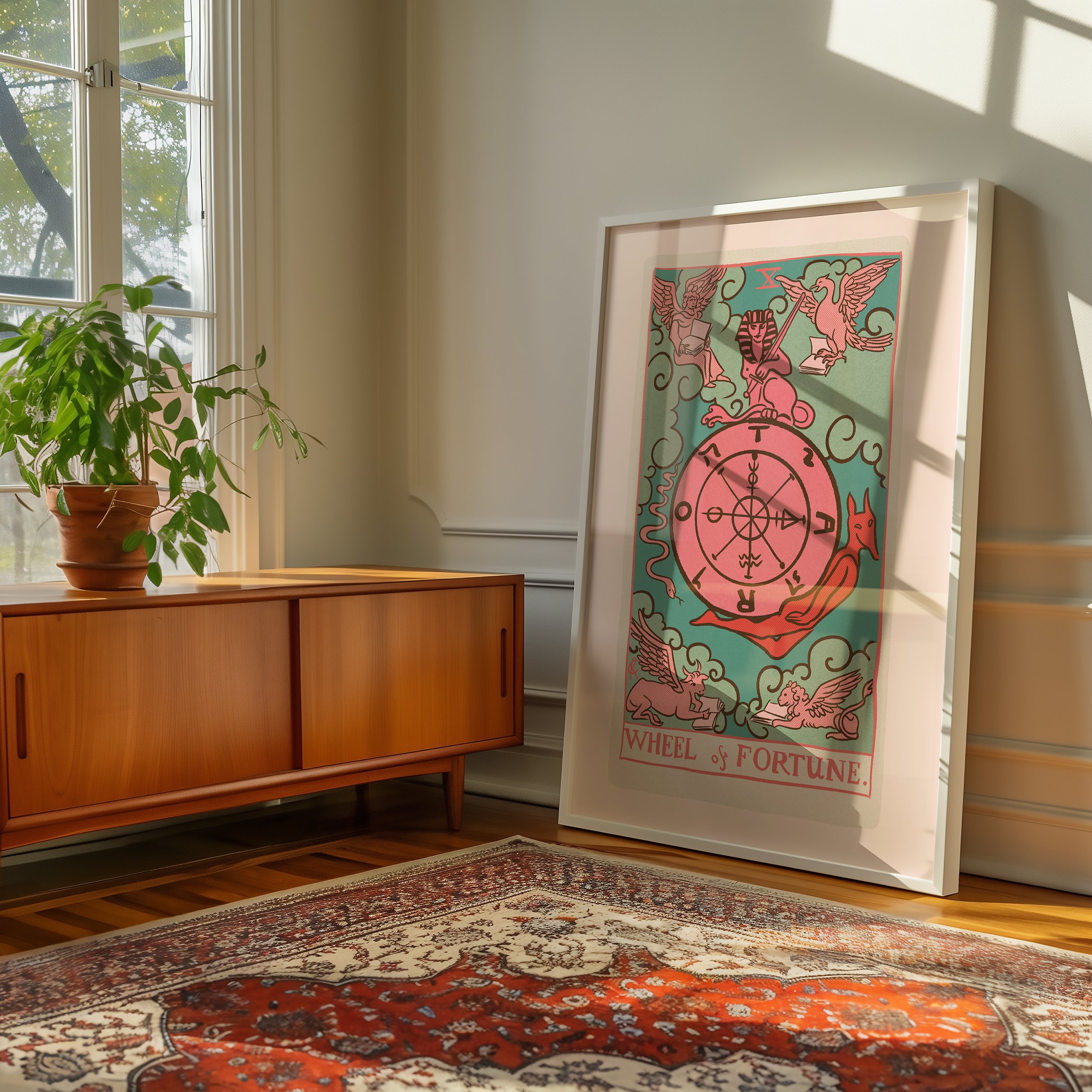 Wheel of Fortune tarot card print, feminine pink witchy spiritual decor poster print.