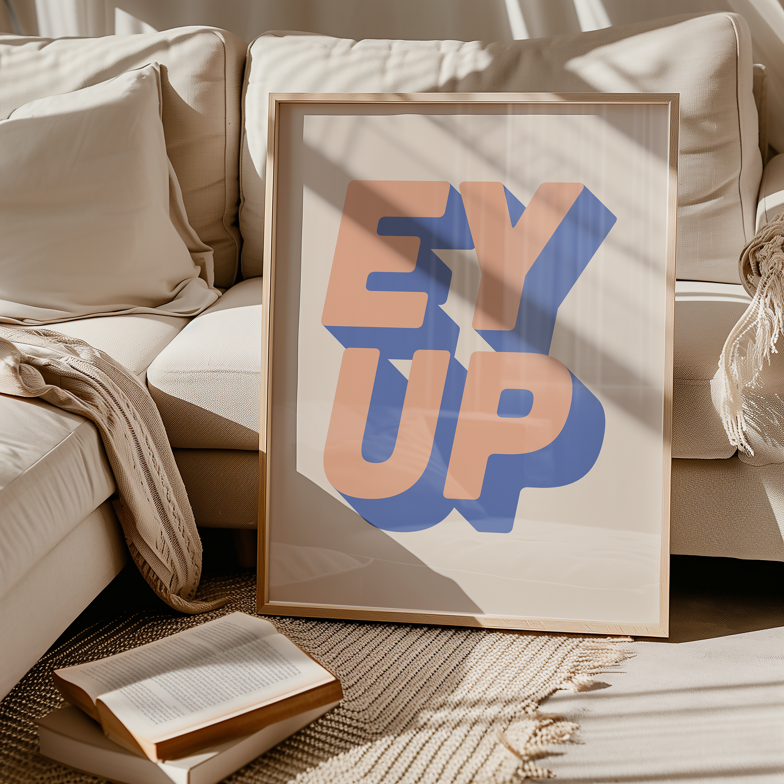 Bold quote print poster decor "Ey up". British quote. Yorkshire quote. Dopamine decor. Retro two tone font pink and blue