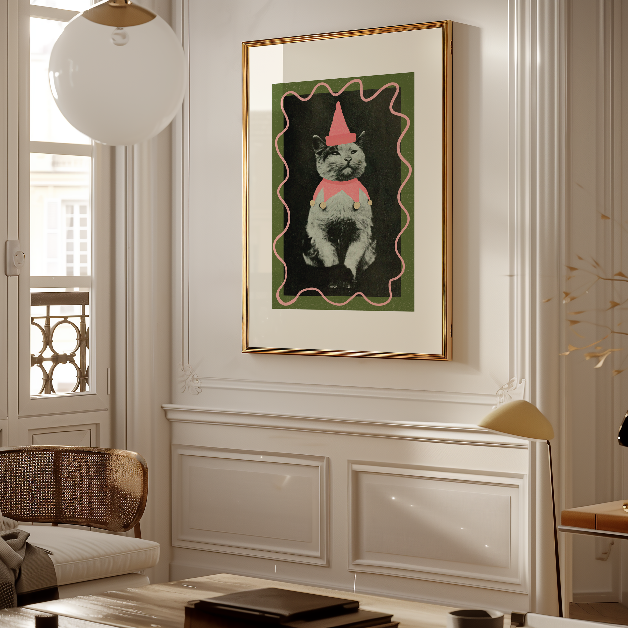 Dopamine decor poster print. Victorian photography pf cat wearing a jester costume, enhances with modern colour elements of pink and green