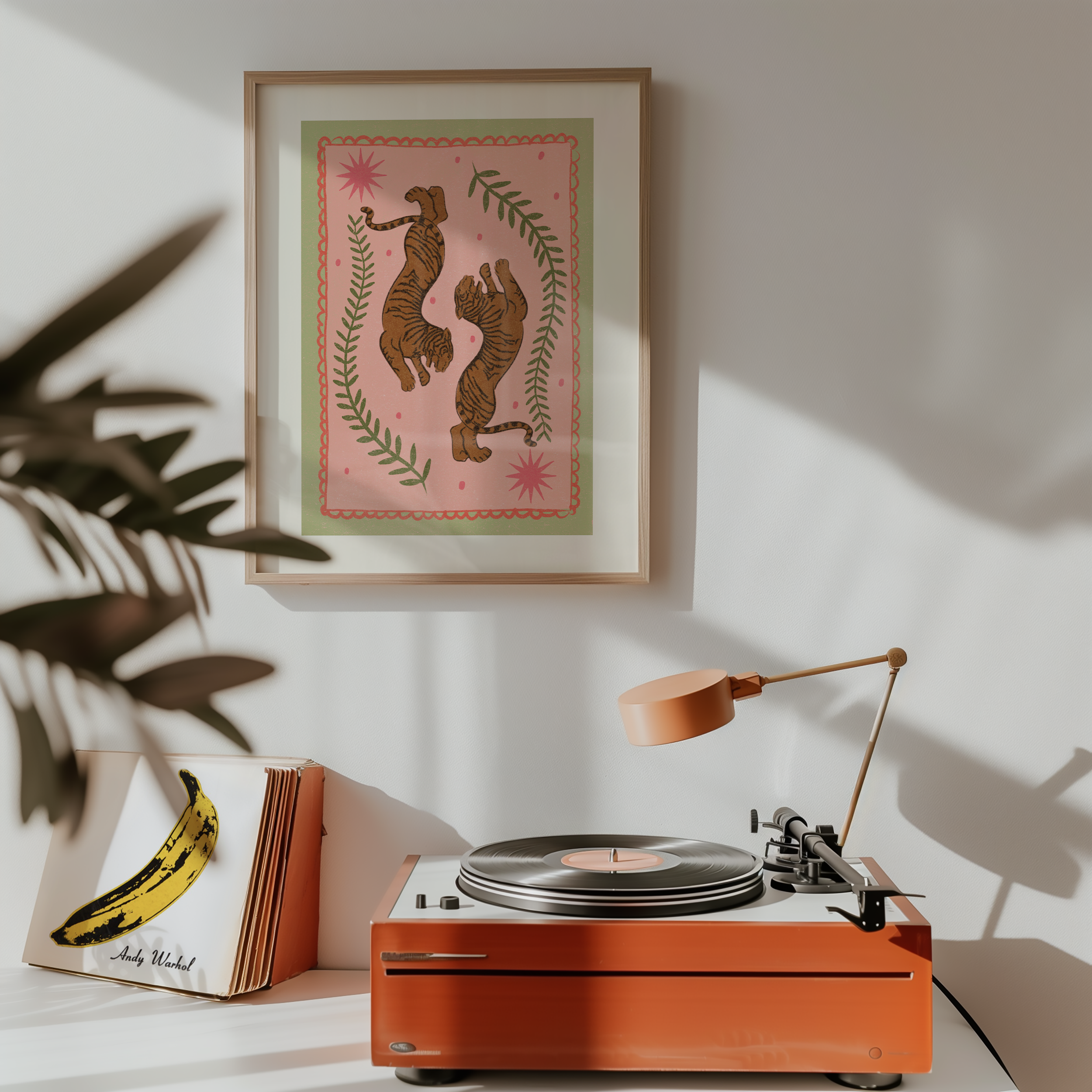Bold dopamine decor print poster illustration of tigers. Retro style decor. midcentury modern