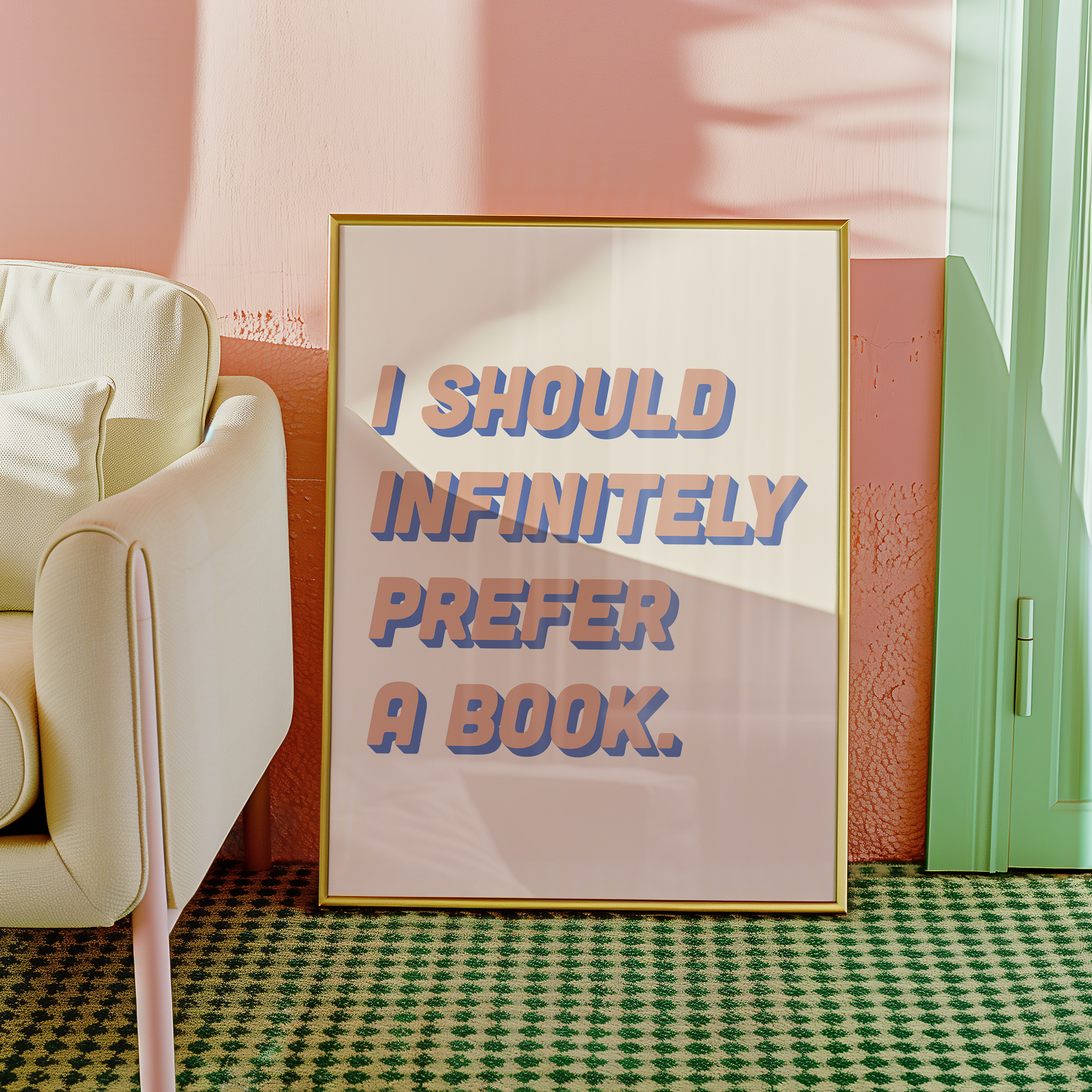 Bold dopamine decor quote print poster, “I should infinitely prefer a book.” Jane Eyre quote. retro two tone font pink and blue