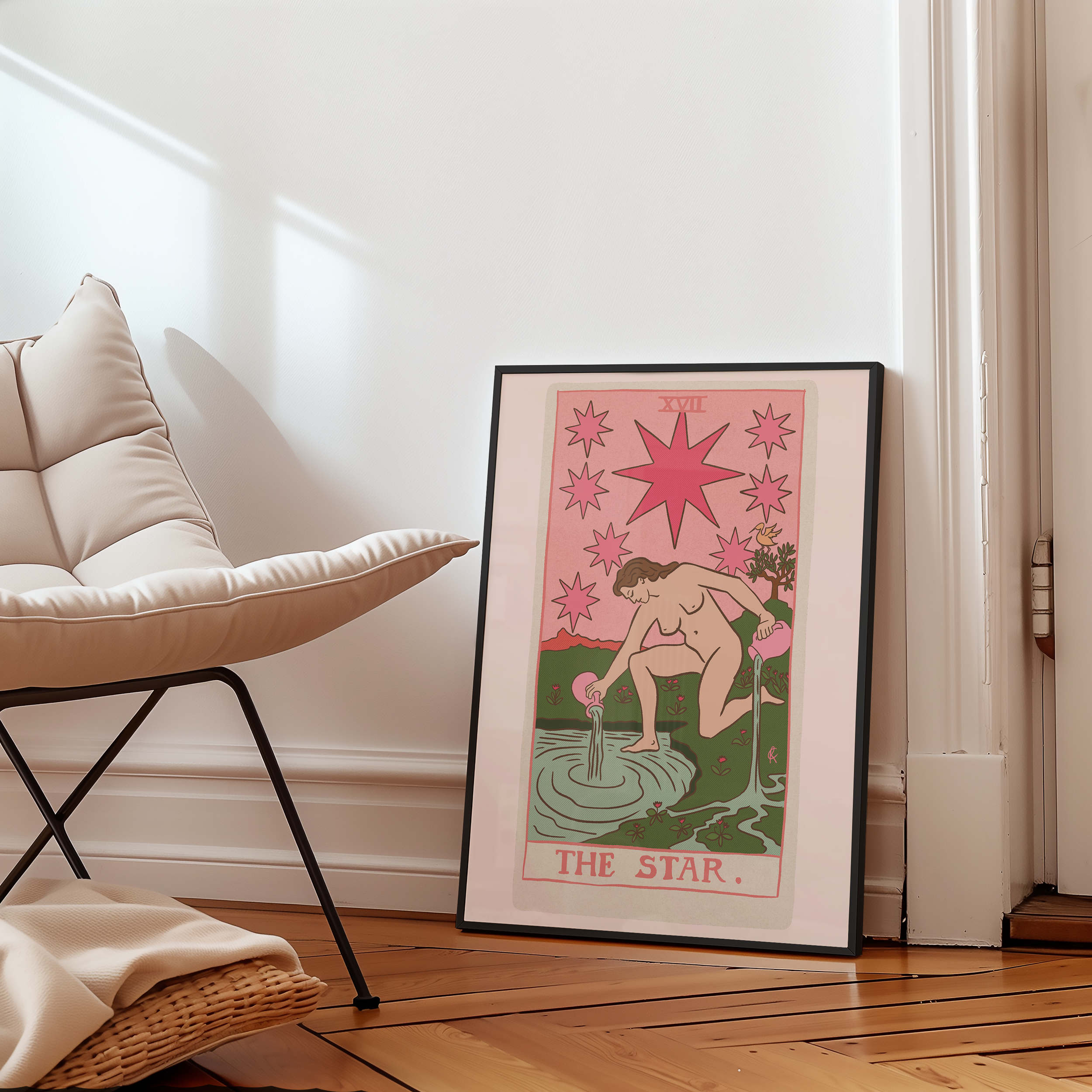 The Star tarot card print, feminine pink witchy spiritual decor poster print.
