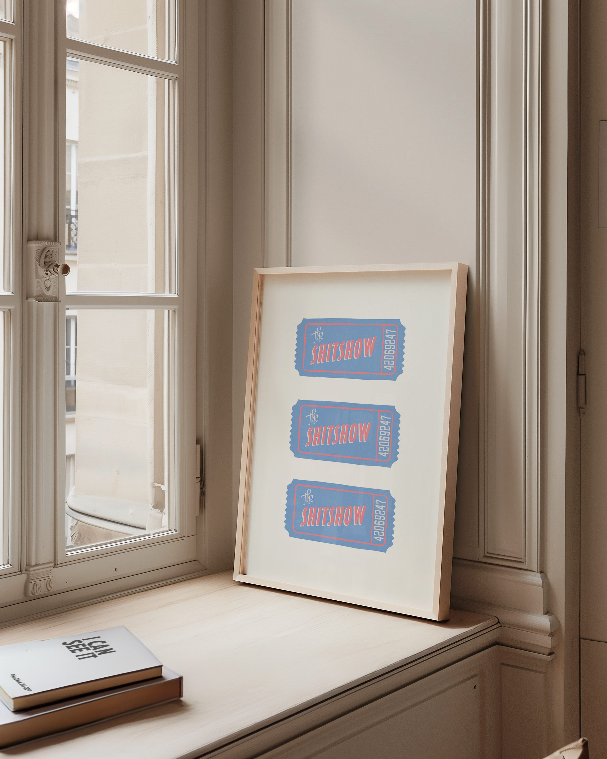 Bold dopamine decor print poster illustration of three vintage style tickets for the "Shitshow" in blue and pink. Vintage retro style poster print. Funny print poster.