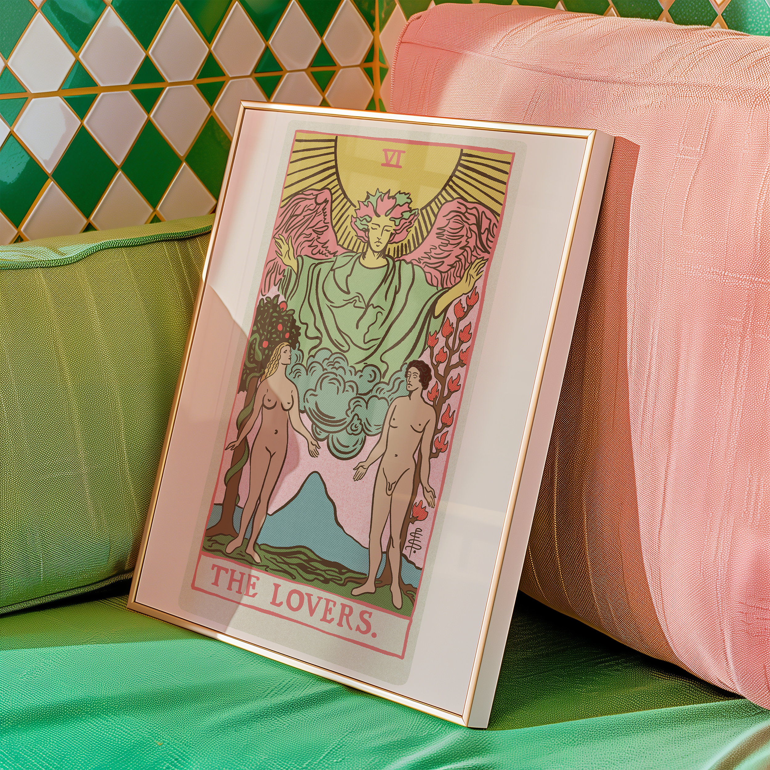 The Lovers tarot card print, feminine pink witchy spiritual decor poster print.