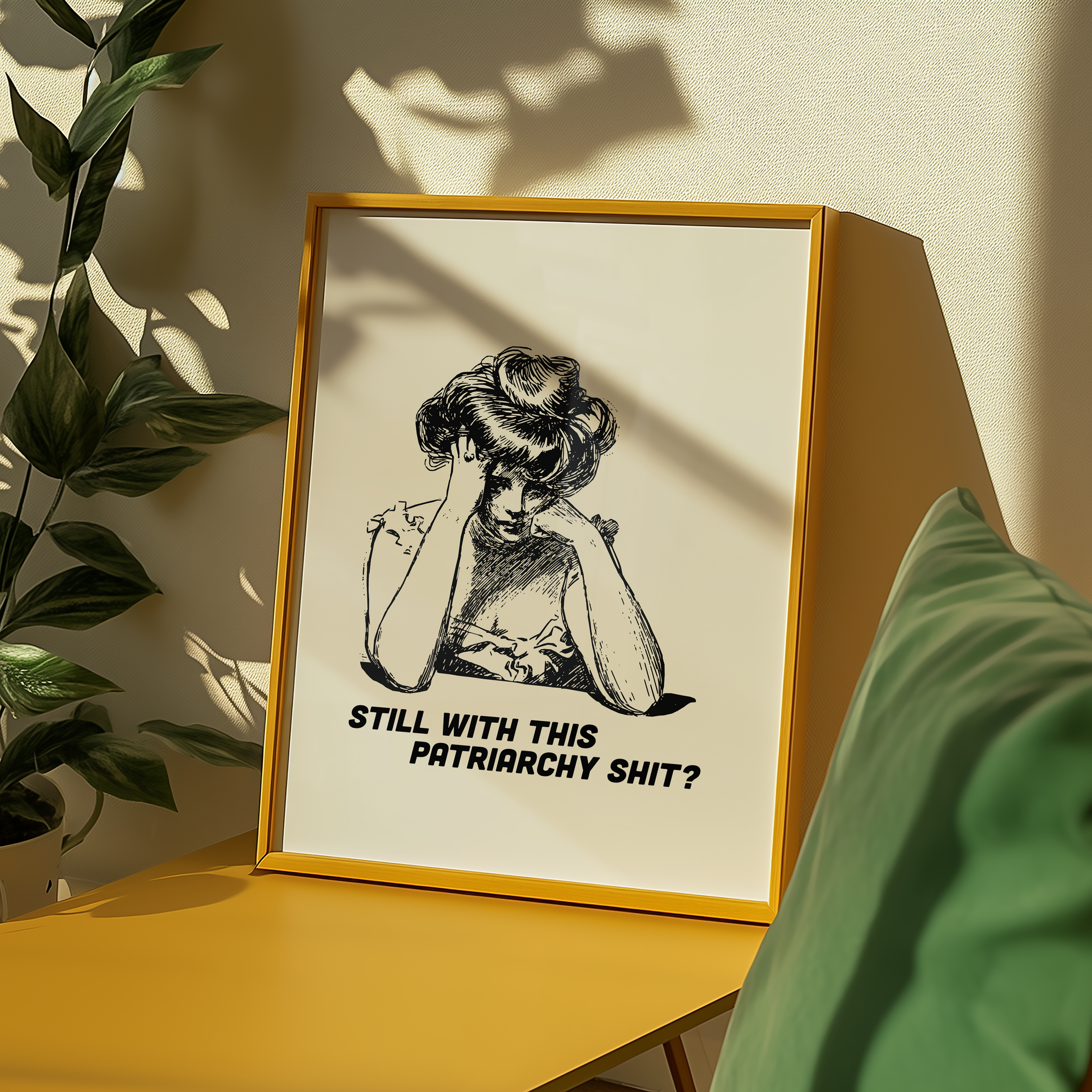 Black and White print of a bored looking Edwardian woman that says "Still with this Patriarchy shit?" Funny feminist print. Witty sassy dopamine decor poster.