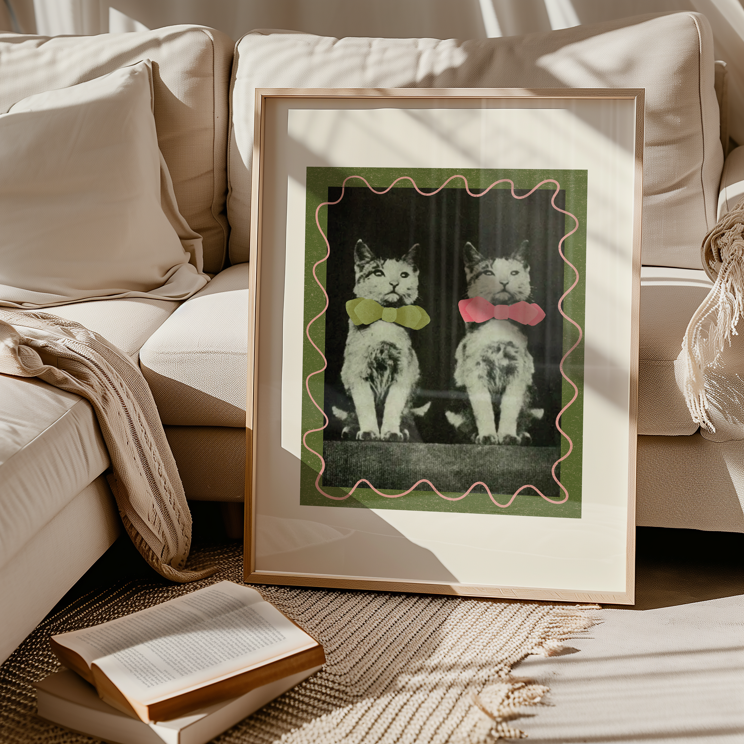 Dopamine decor poster print. Victorian photography of two kittens in bow ties, enhances with modern colour elements of pink and green