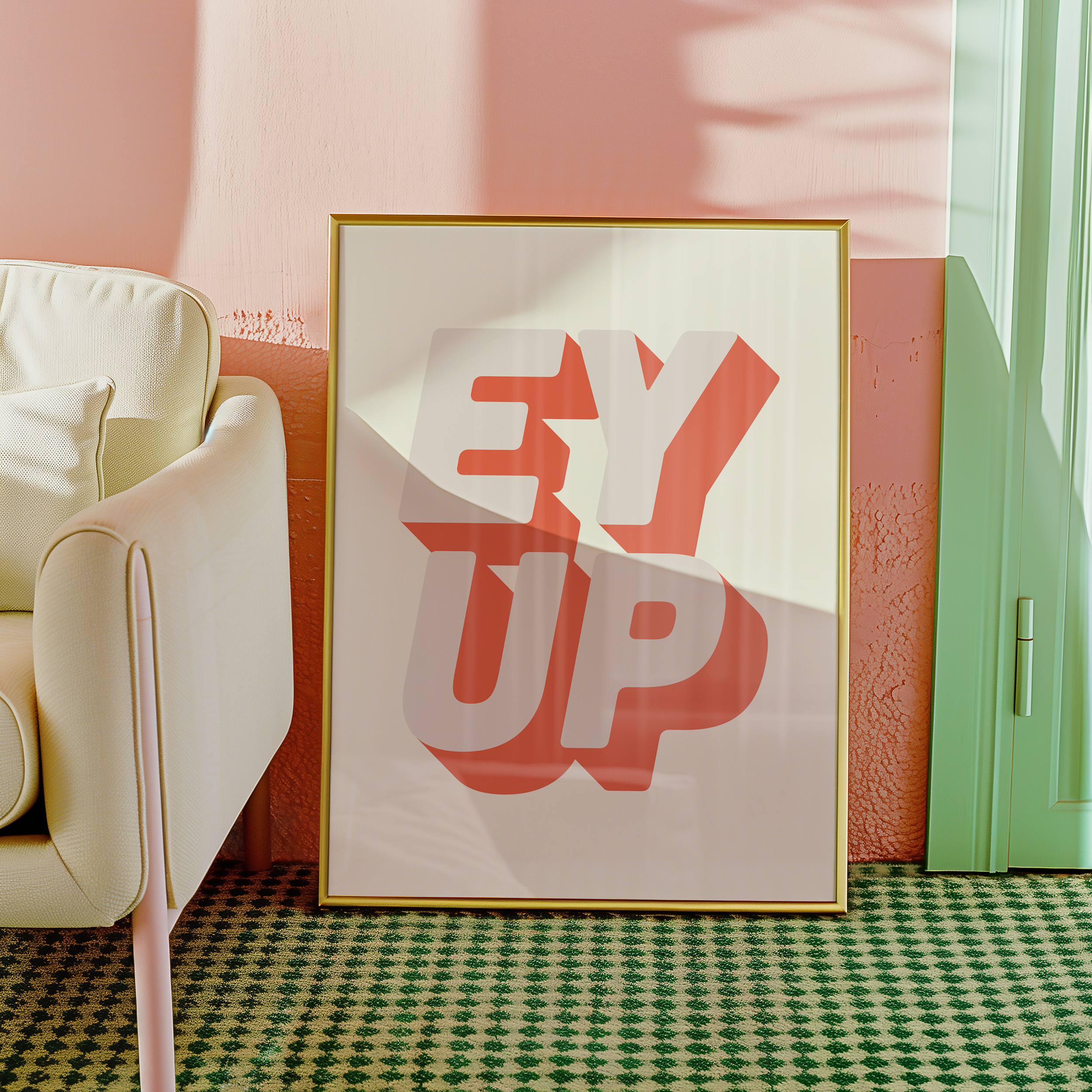 Bold quote print poster decor "Ey up". British quote. Yorkshire quote. Dopamine decor. Retro two tone font cream and pink
