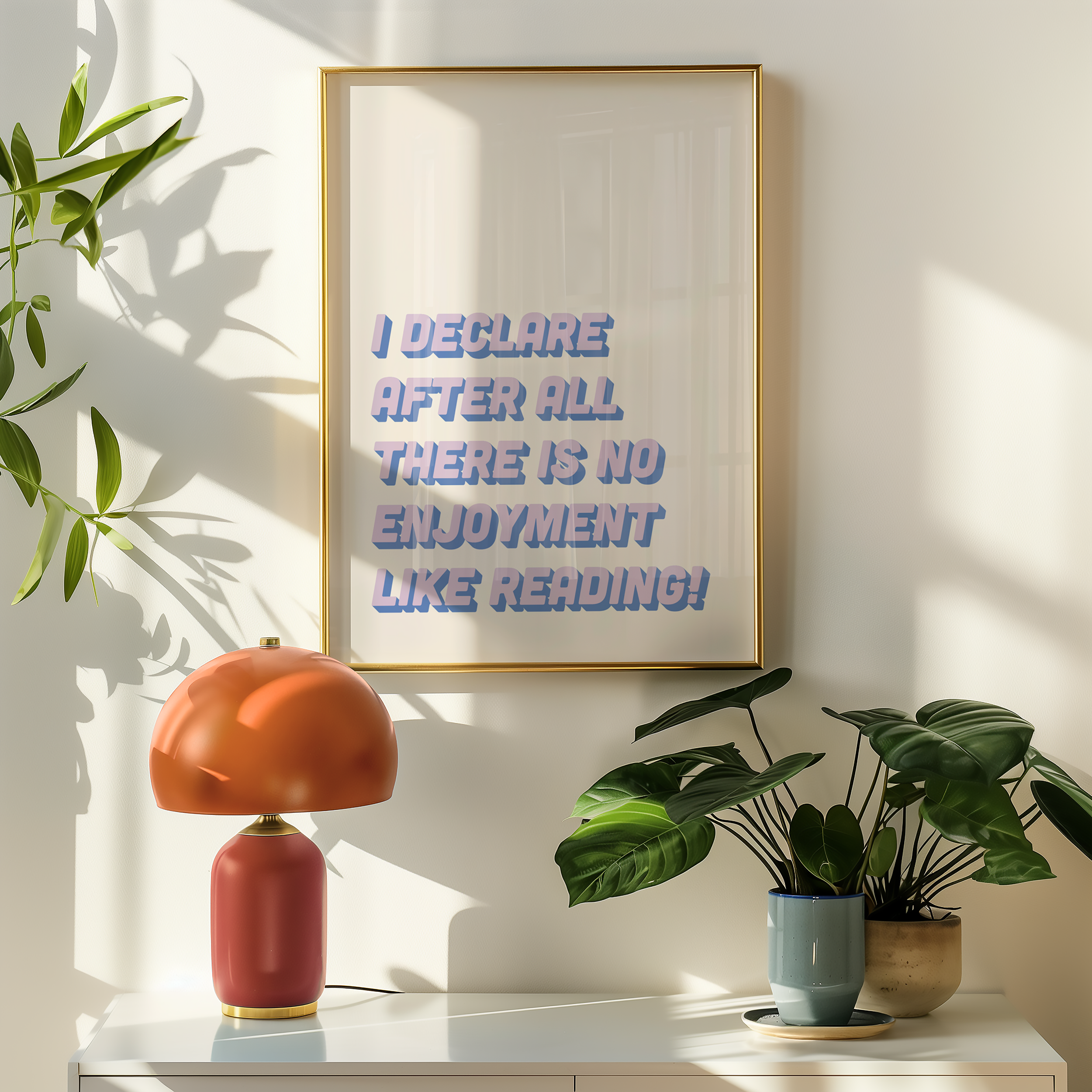 Bold Dopamine decor print poster jane eyre quote “I declare after all there is no enjoyment like reading.” in two tone retro font blue