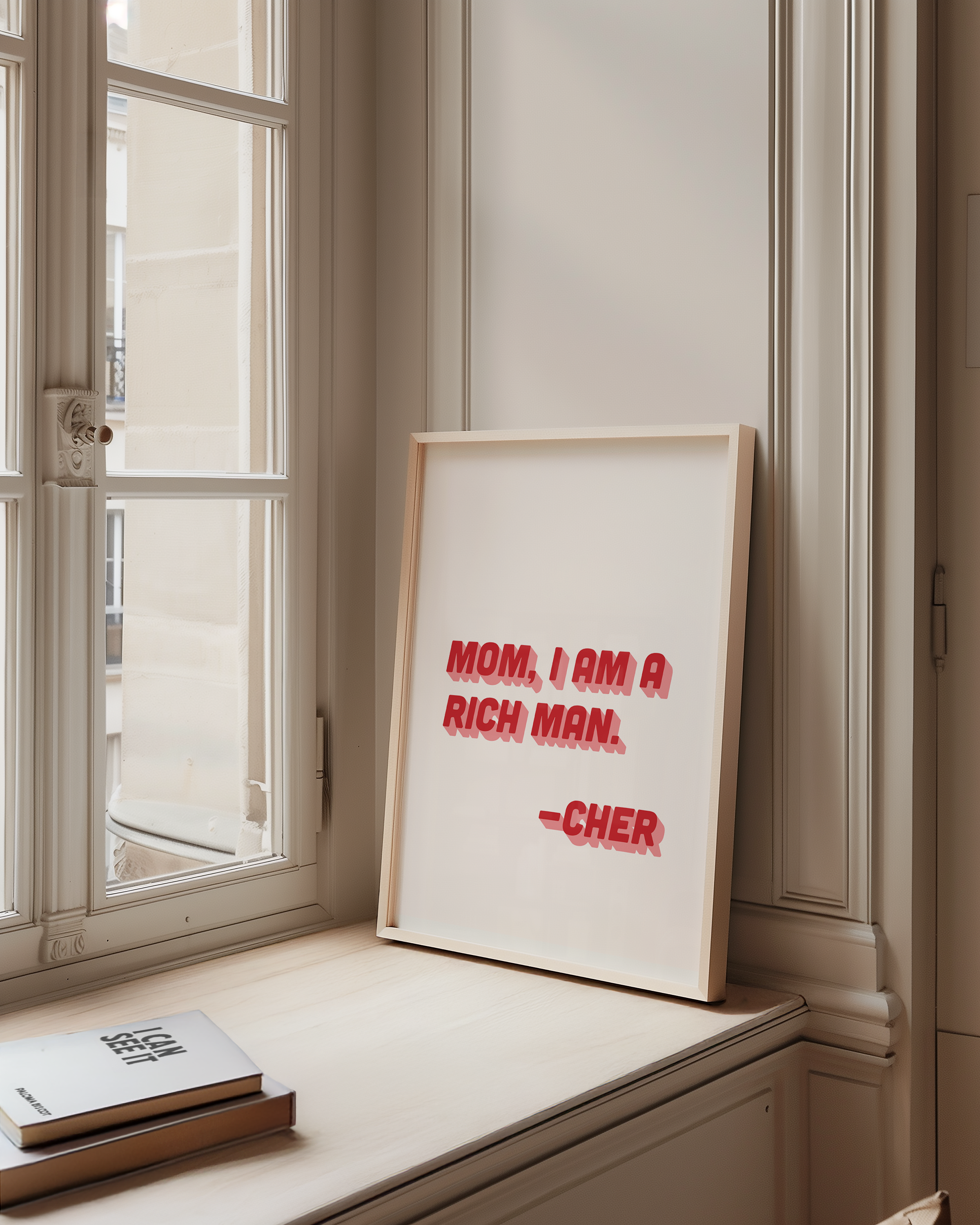 Cher quote print poster "Mom I Am a Rich Man" in two tone retro red and pink font