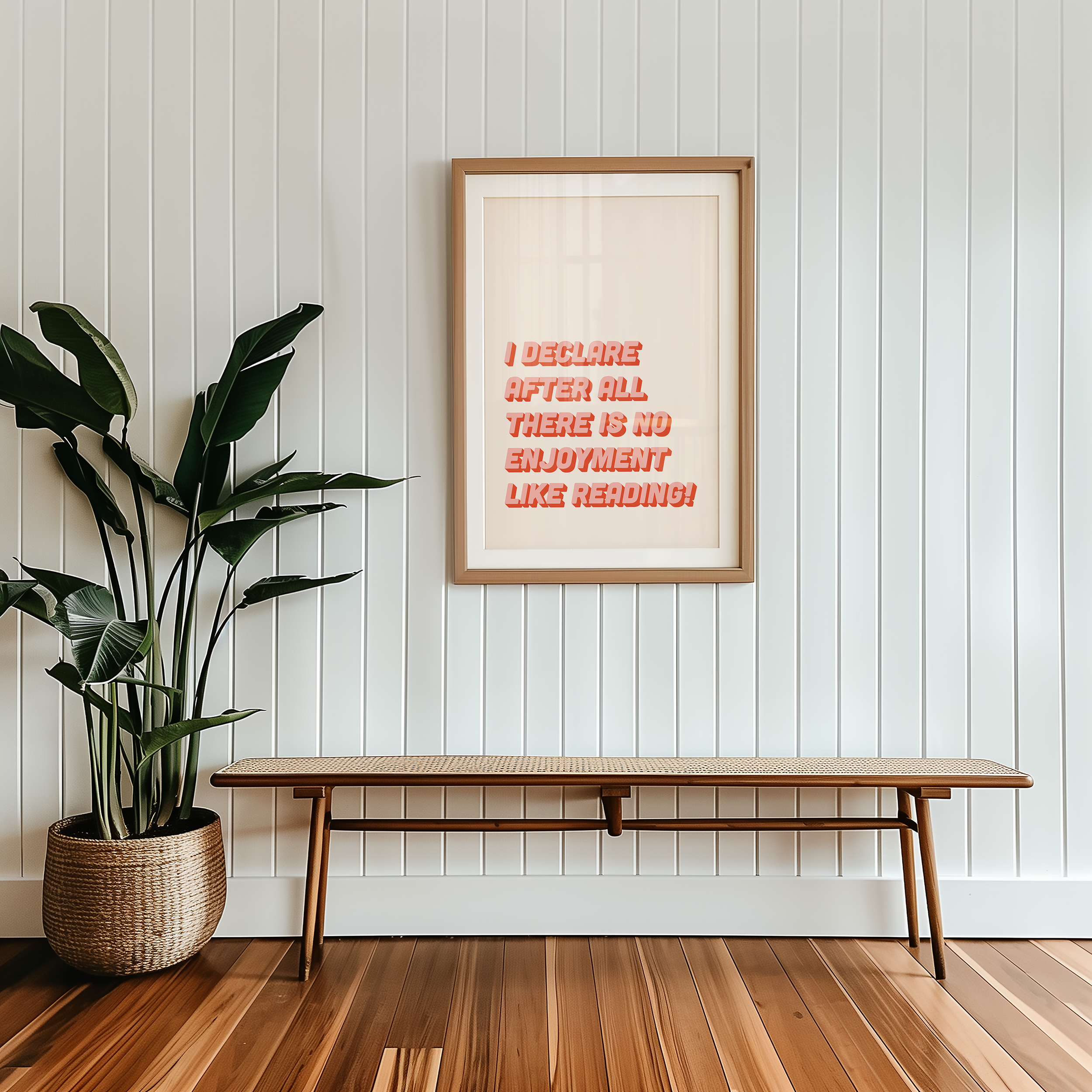 Bold Dopamine decor print poster jane eyre quote “I declare after all there is no enjoyment like reading.” in two tone retro font pink and red