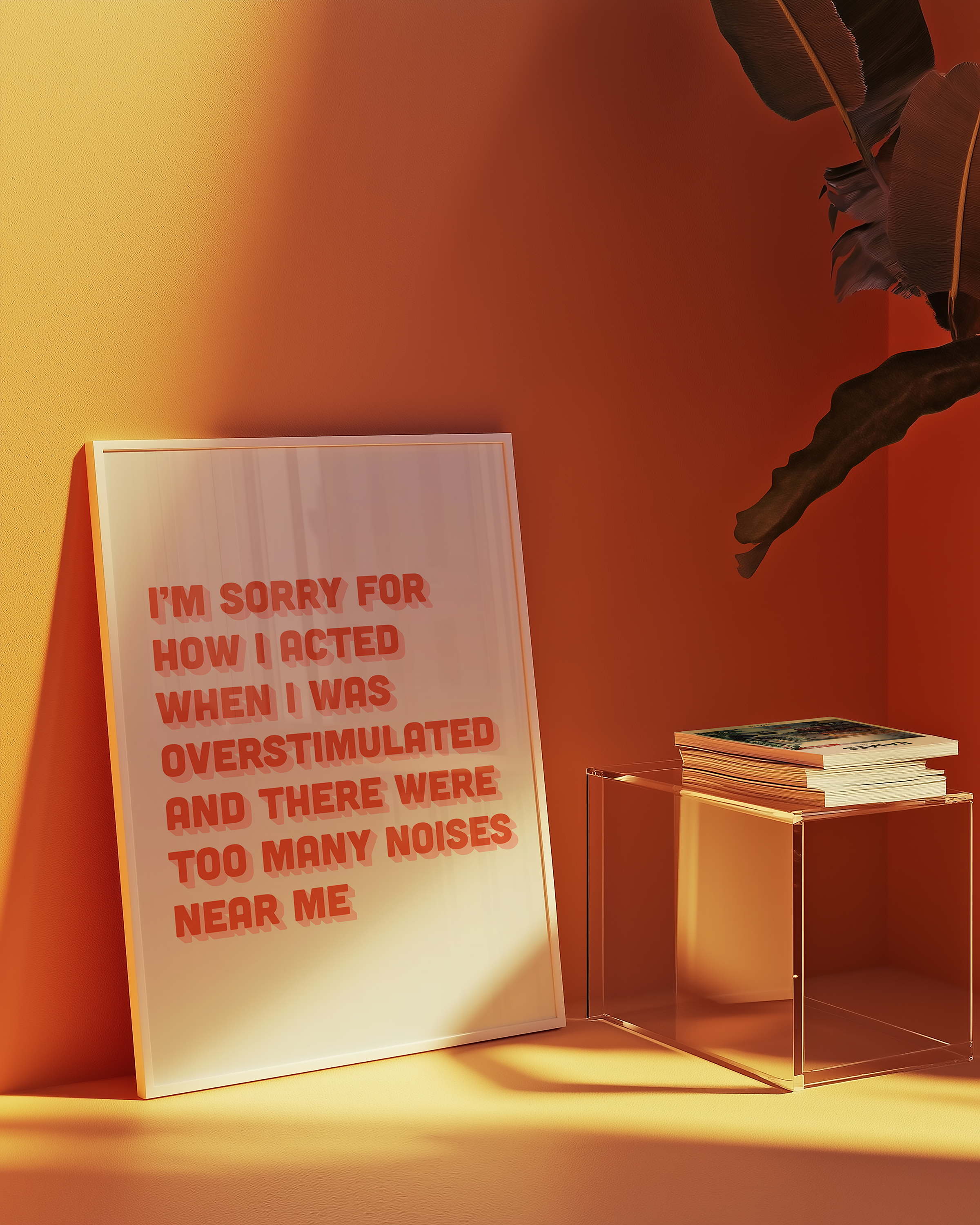 Funny neurodivergent print about being overstimulated that says “I’m sorry for how I acted when I was overstimulated and there were too many noises near me.” in two tone Pink and Red retro font