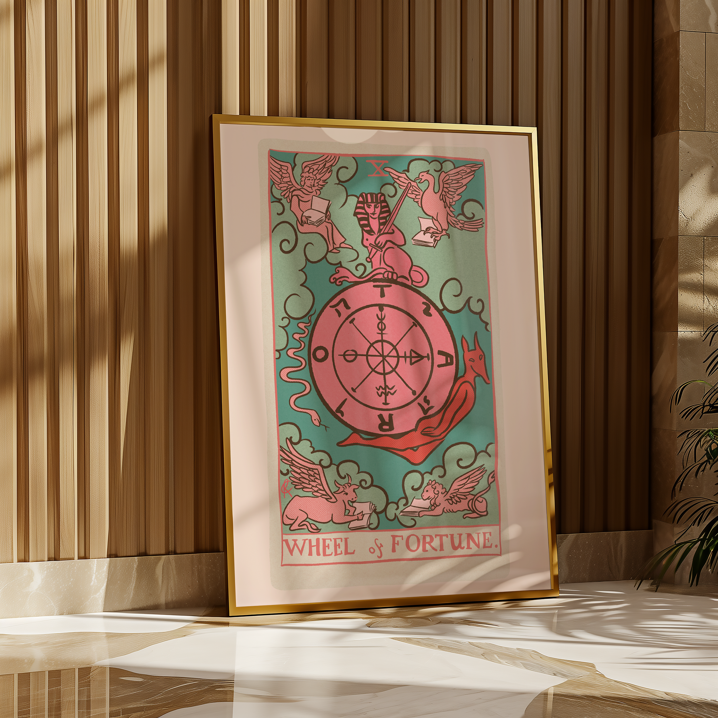 Wheel of Fortune tarot card print, feminine pink witchy spiritual decor poster print.
